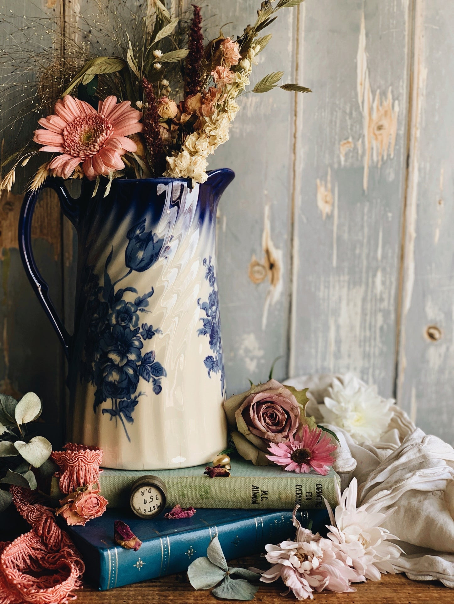 Large Antique Scalloped Floral Cobalt Blue Vase Jug