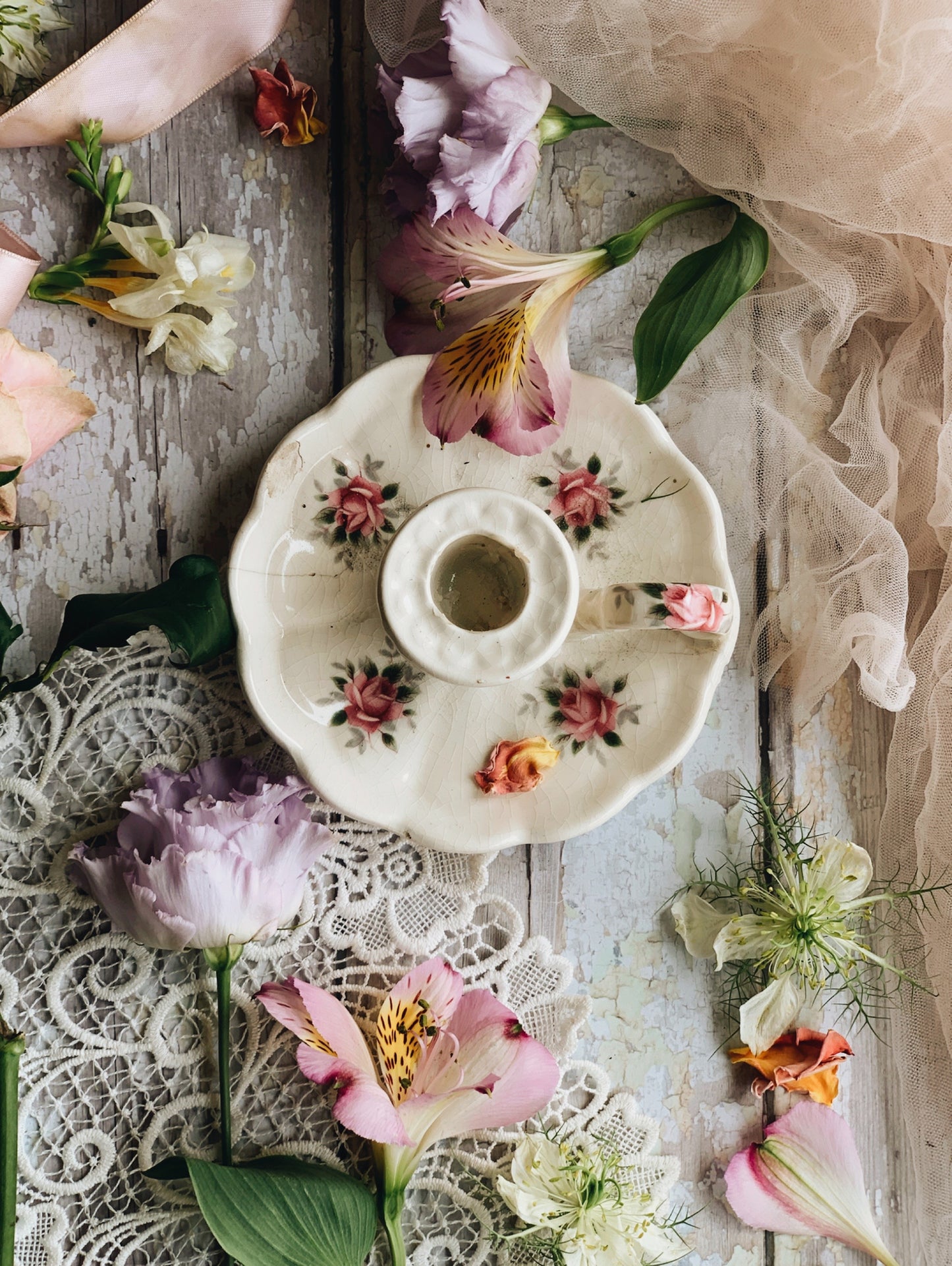 Antique Rose Ceramic Candle Holder (rustic condition)