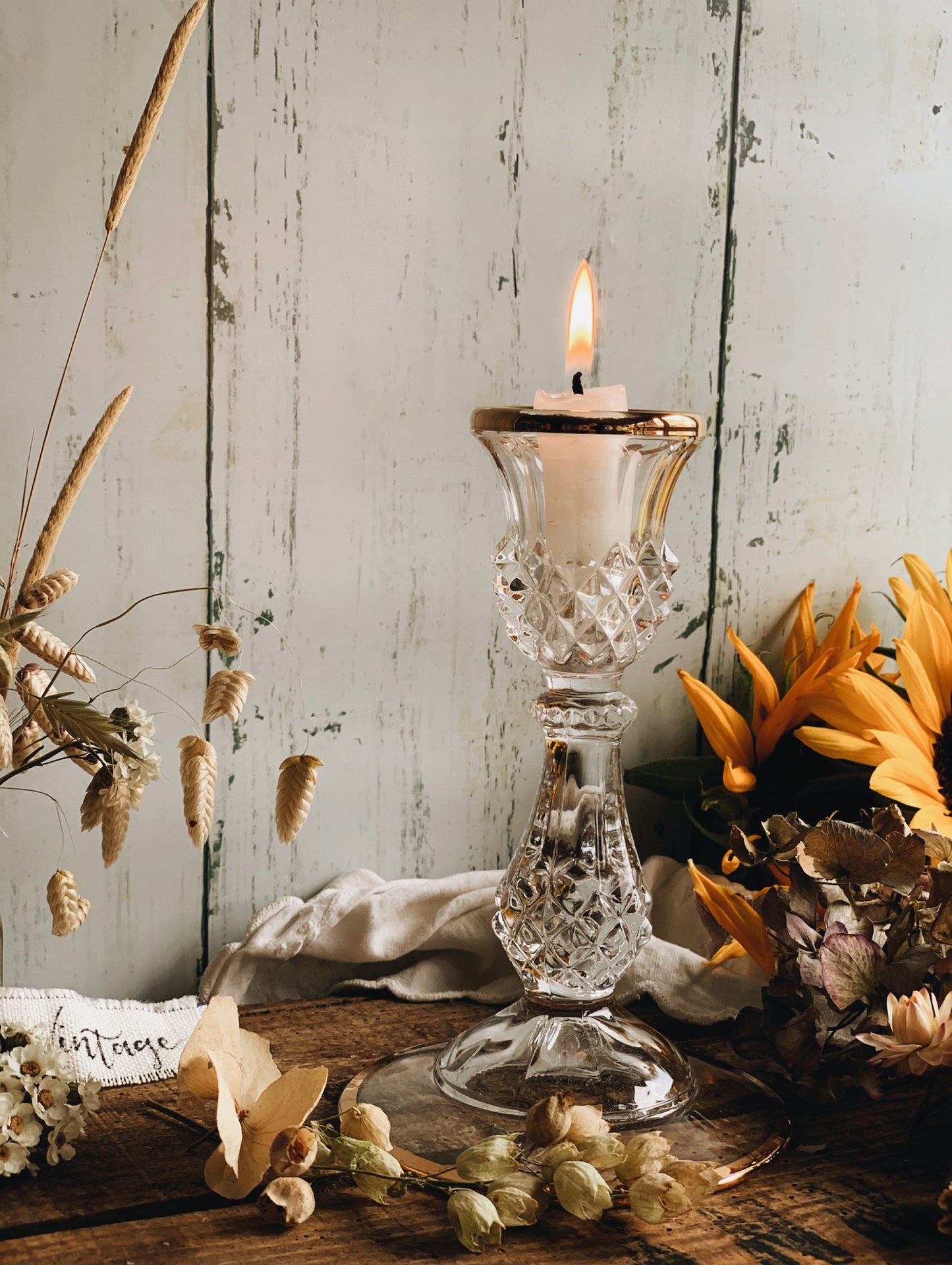 A Set of Vintage Glass & Gilt Detailing Candle Sticks