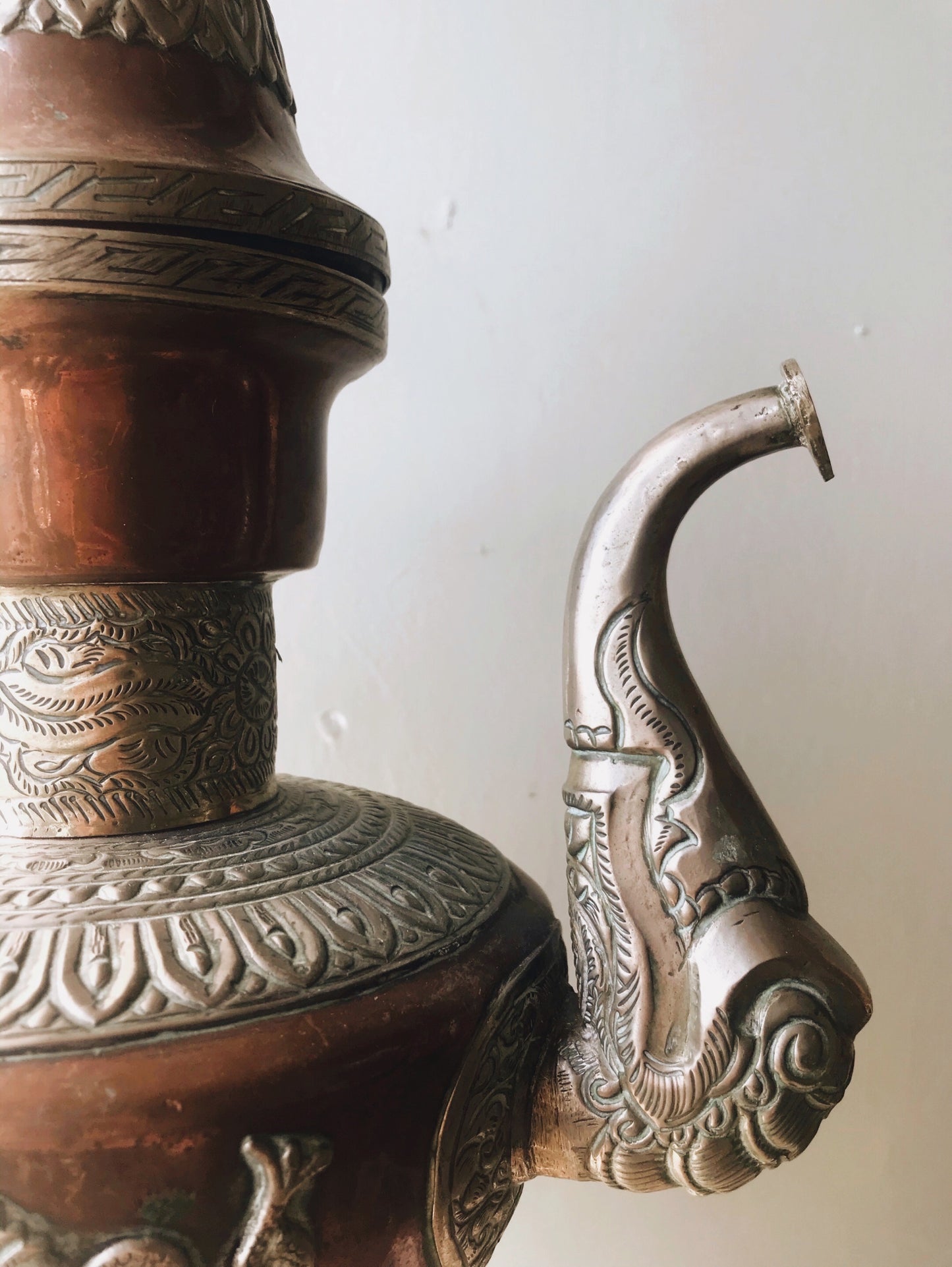 Antique Extra Large Copper & Brass Decorative Coffee Pot - Stone & Sage