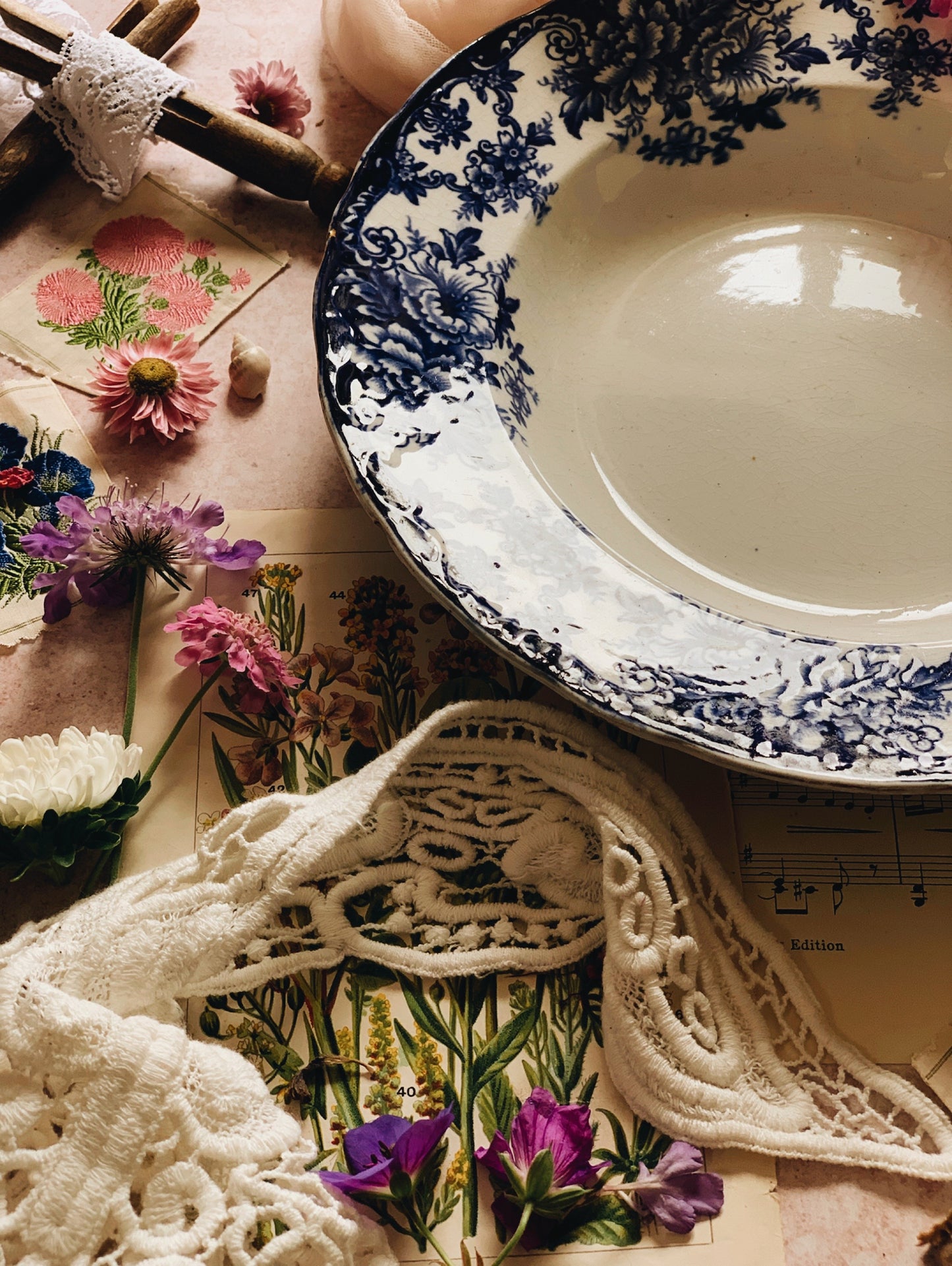 Antique Early 1900’s Blue Floral Supper Bowl