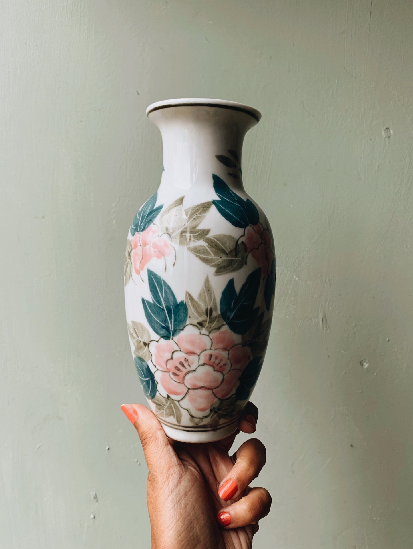 Vintage Pink & Green Floral Vase
