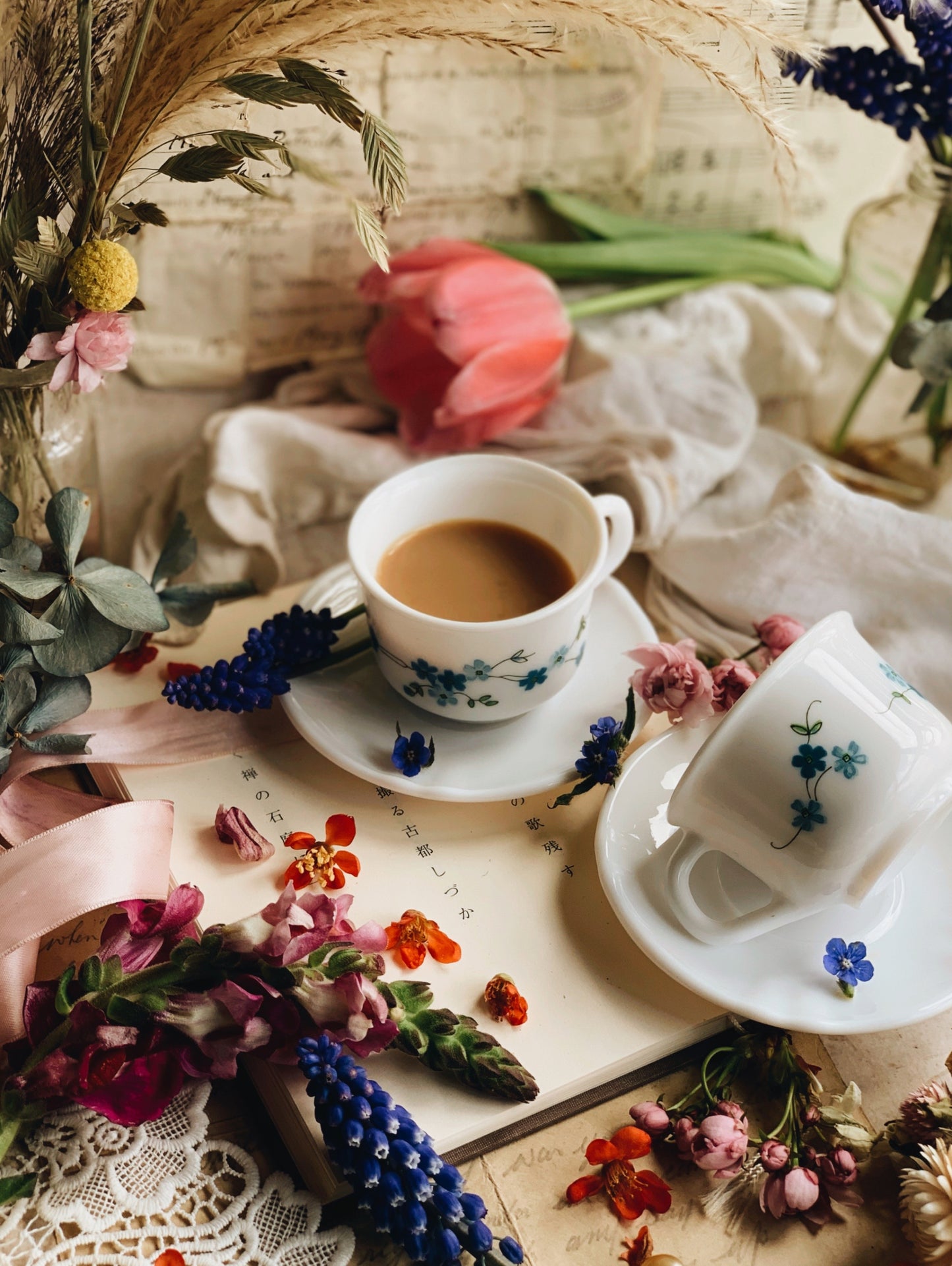 Vintage French Milk Glass Forget~me~not Cup & Saucer Set (four available sold separately)