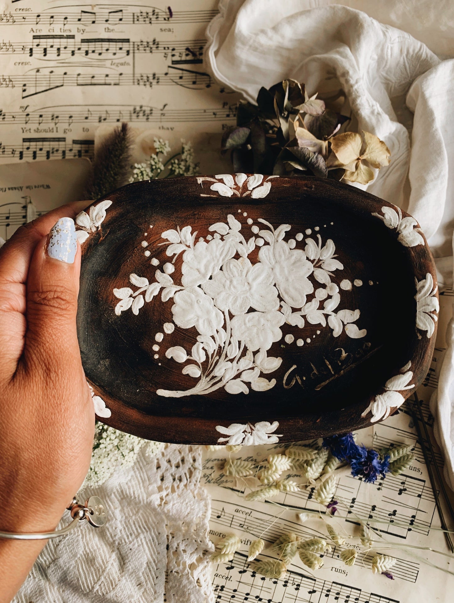 Rustic Handthrown & Hand~painted Floral Ceramic Soap Dish
