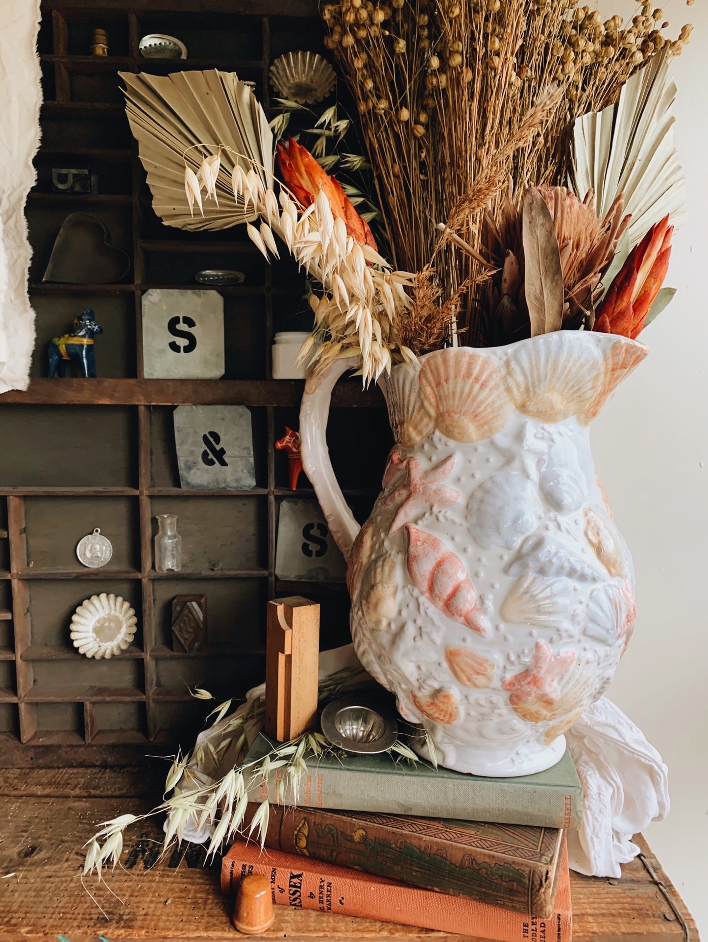 Vintage Shell Relief Hand~painted Large Vase / Jug