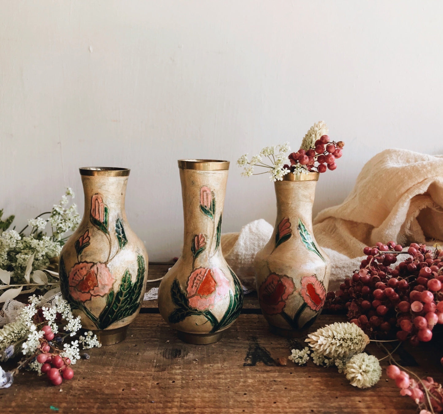 Trio of Vintage Brass Enamel Floral Posy Vases (mixed shapes)