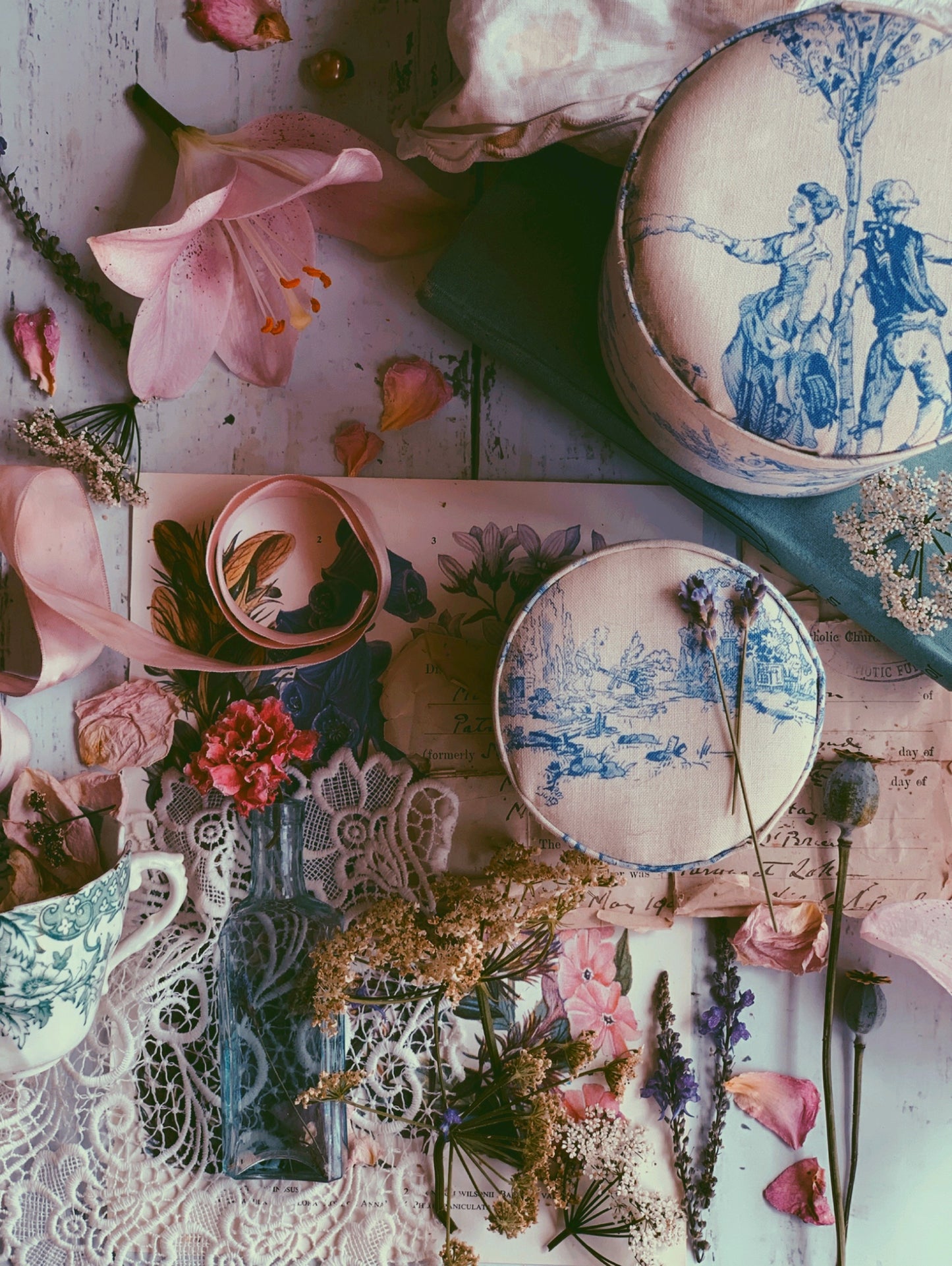 Two Blue & White Whimsy Narrative Fabric Storage Pots
