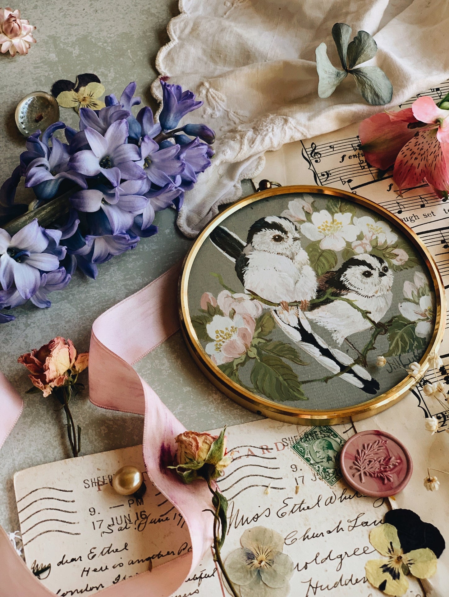 Vintage Bird & Blossom Print Framed