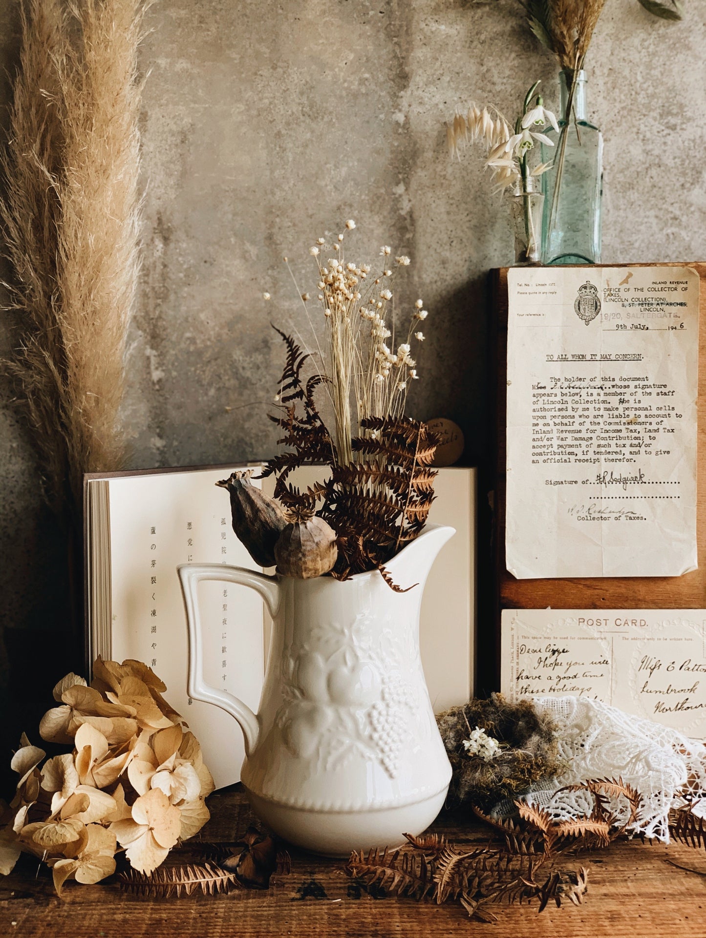 Antique White Fruits & Bloom Jug \ Vase