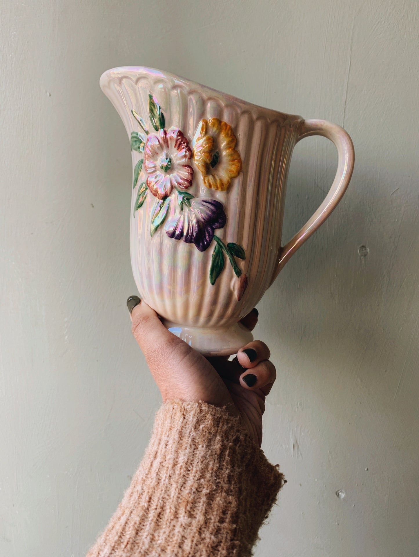Vintage Floral Relief Iridescent Glaze Jug / Vase