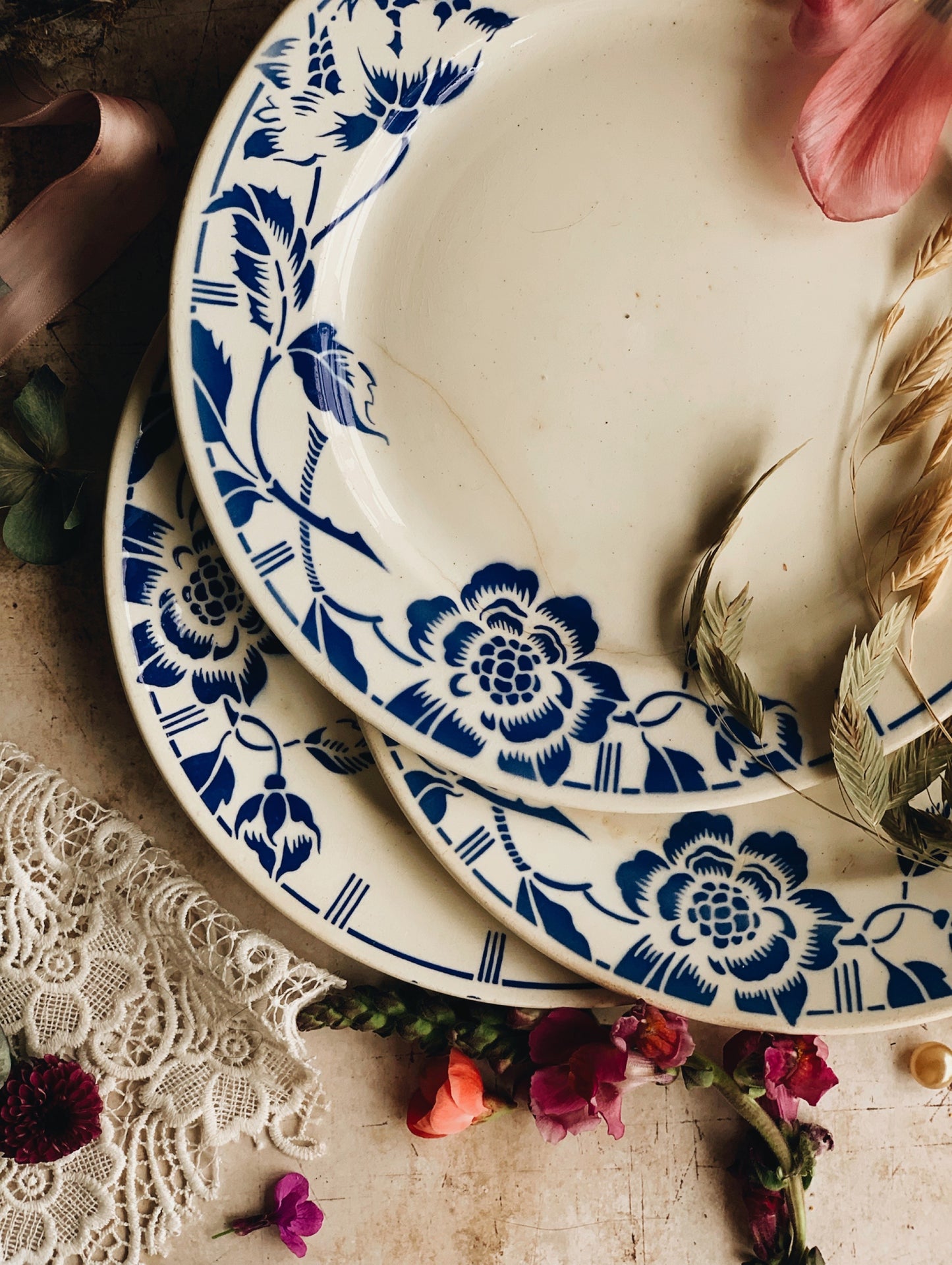 Antique K&G Luneville French Blue Floral Plate (three available)