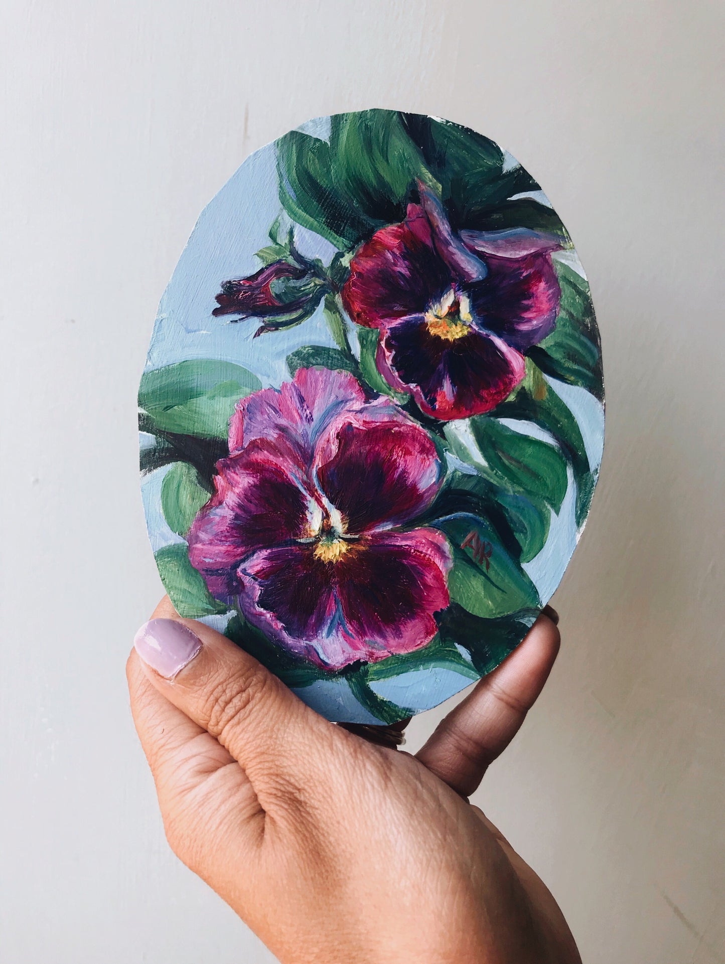 Vintage Signed Oval Pansy Oil Painting