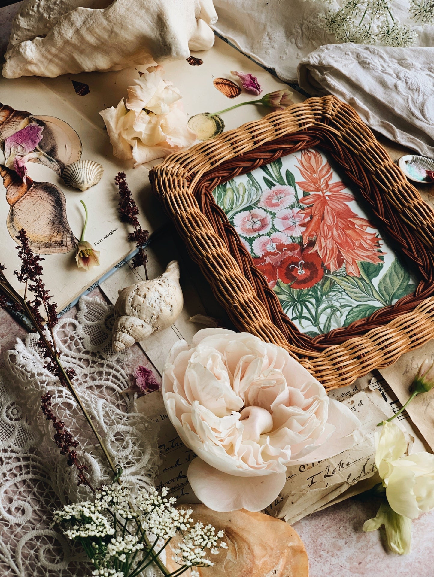 Retro Wicker Frame with 1960’s Garden Flower Print