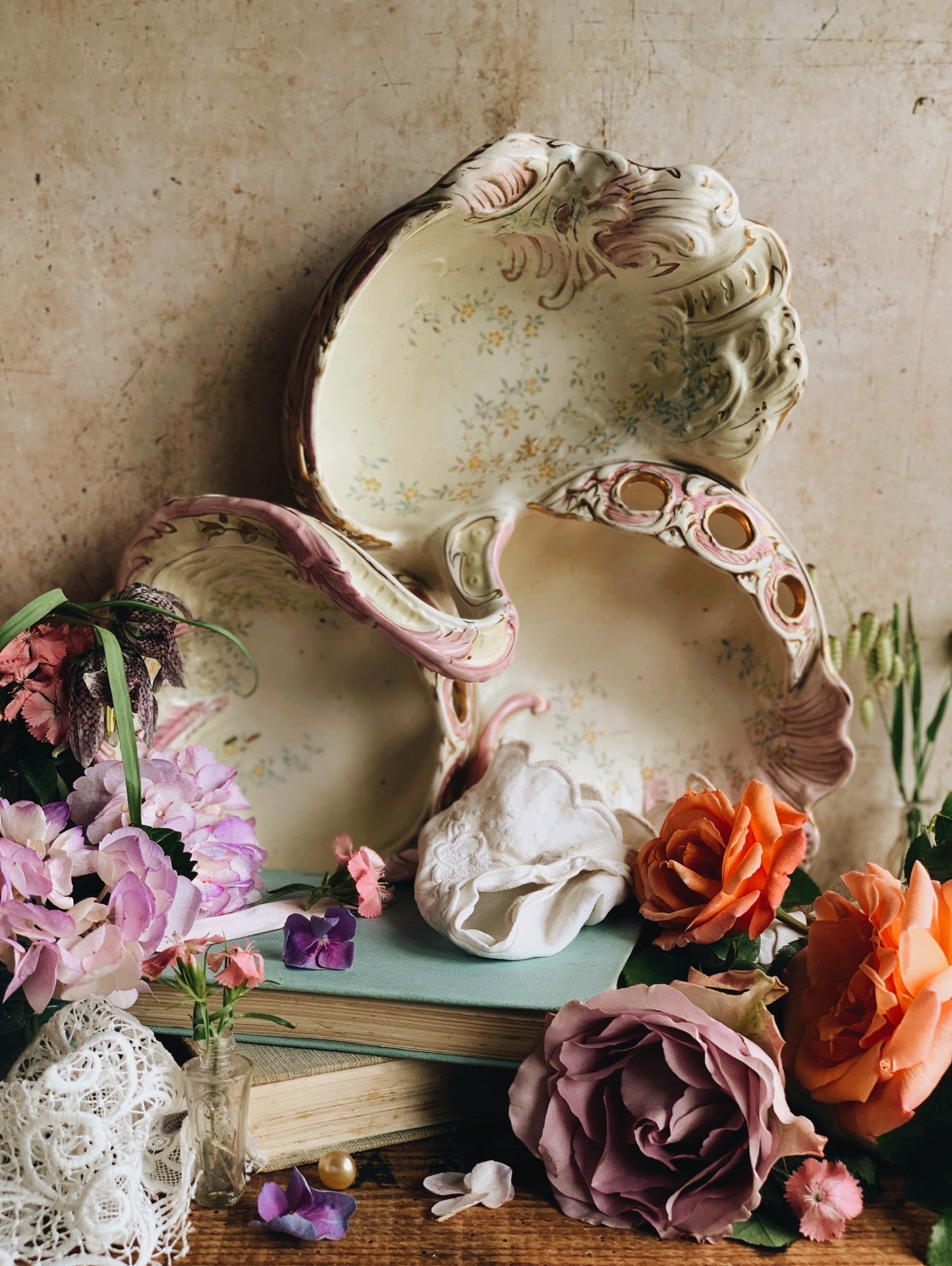 Large Antique Early 1900’s Relief Pink Gilt Dish (UK SHIPPING ONLY very heavy)