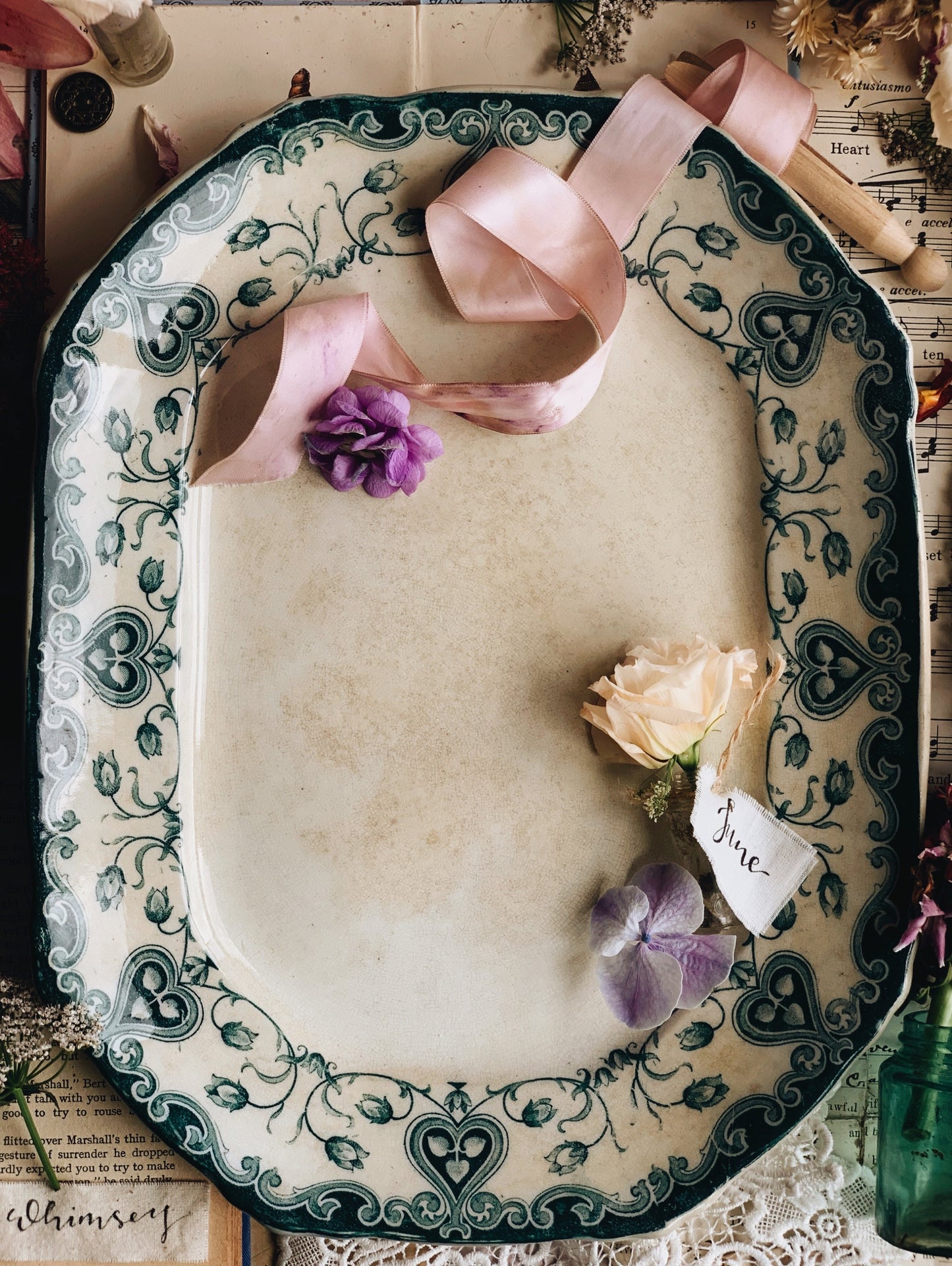 Large Antique Early 1900’s Burslem Teal Transfer Platter (UK shipping)