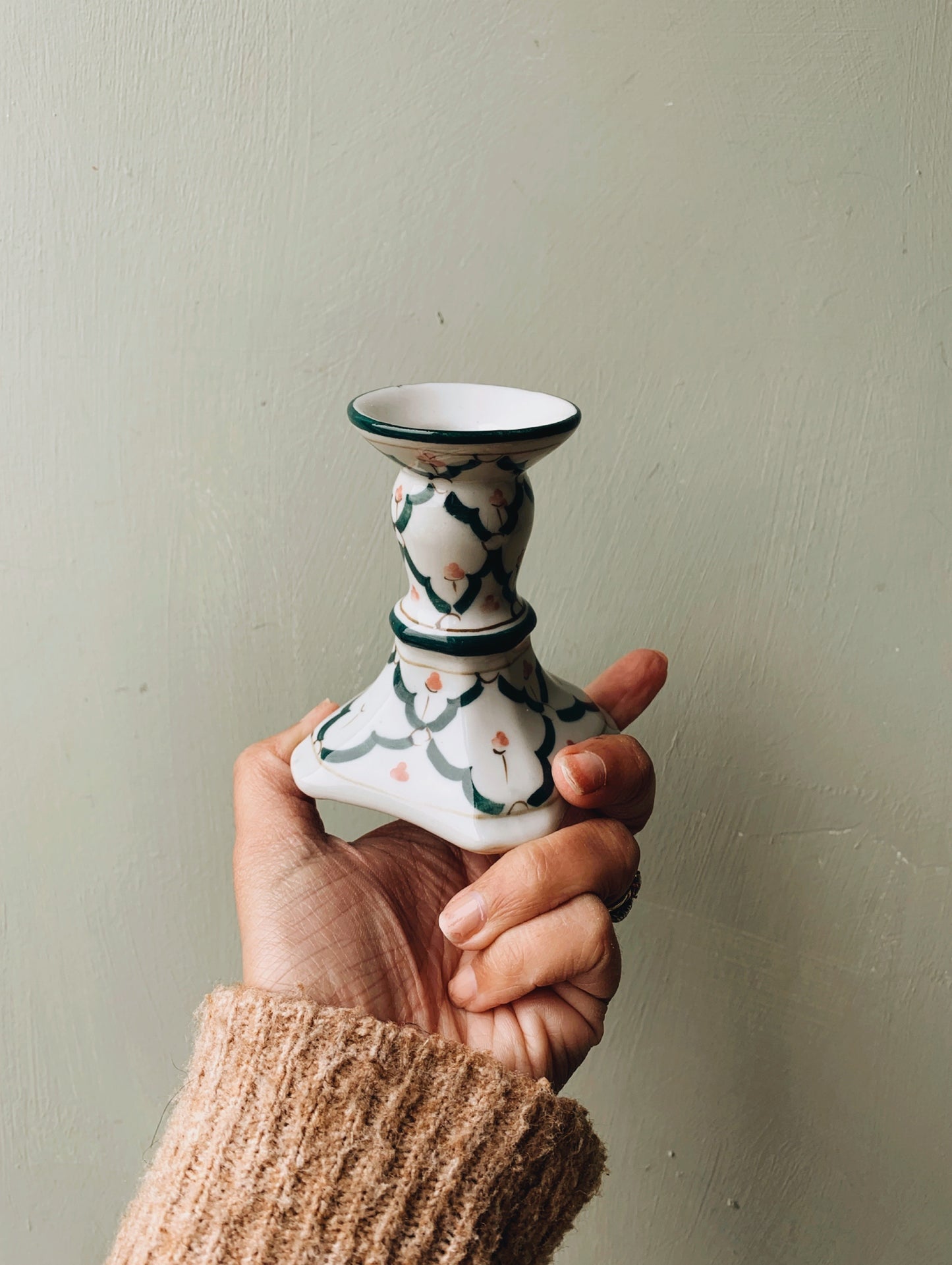 Vintage Green & Pink Botanica Ceramic Candle Stick Holders