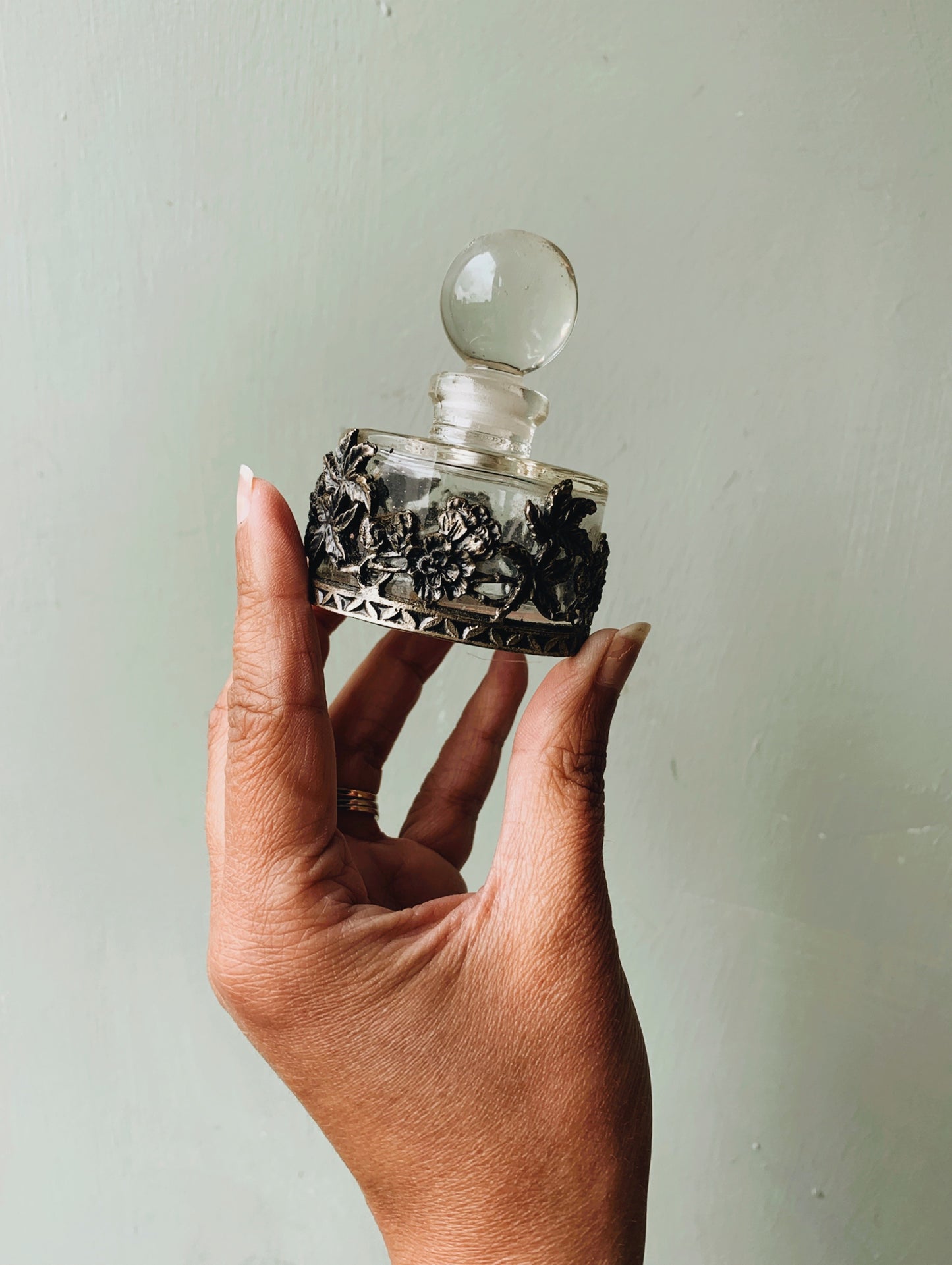 Vintage Silver Botanica Lined Glass Perfume Bottle