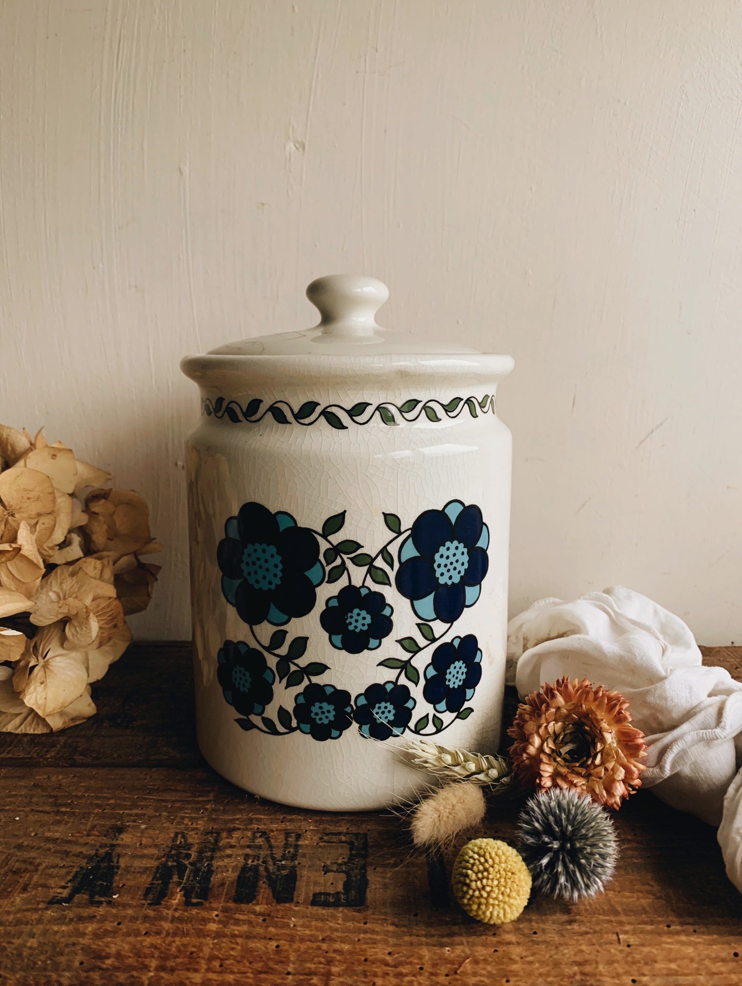 Large Retro 1970’s Taunton Blue Floral Ceramic Storage Jar