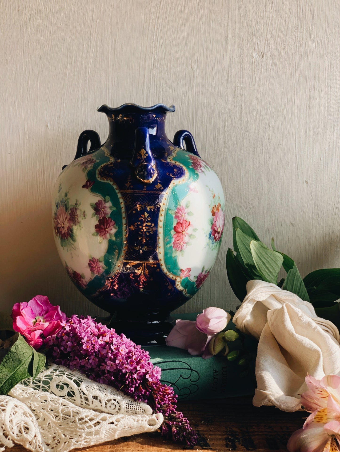 Antique Decorative Three Handled Vase with Gilt Detailing & Florals