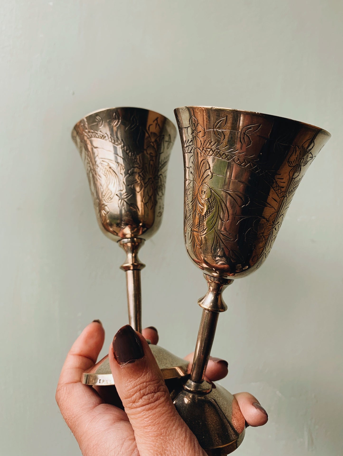 A Pair Vintage Floral Etched Silver Plated Goblets