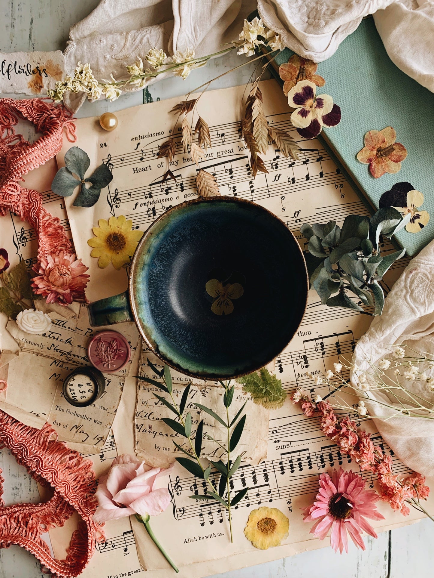 Rustic Hand~thrown Green Blue Drip Glaze