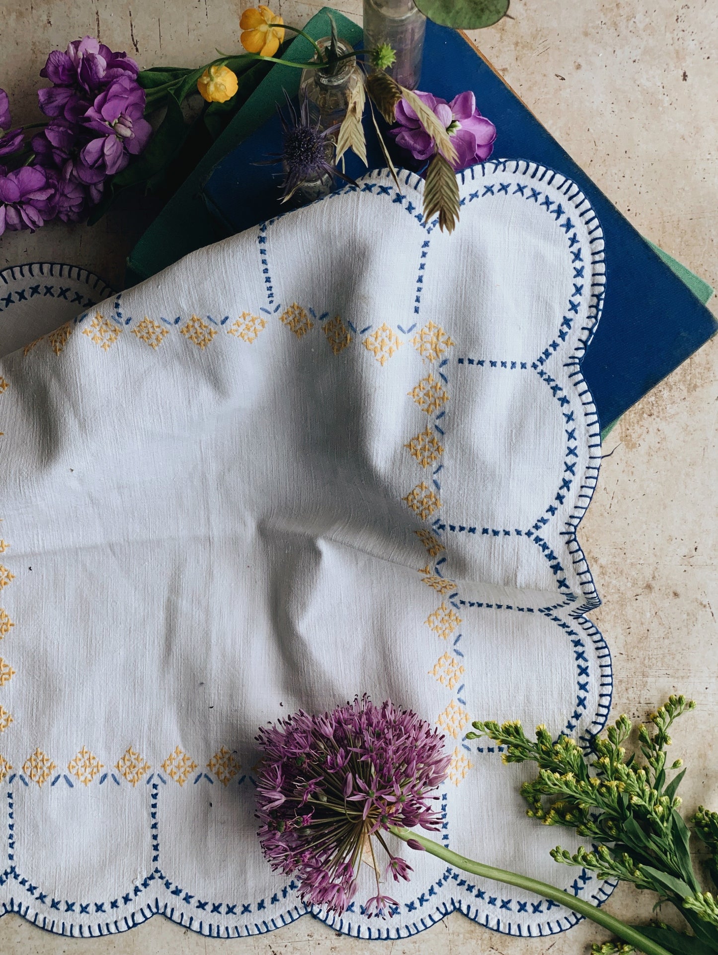 Vintage French Floral Embroidery Linen Cloth