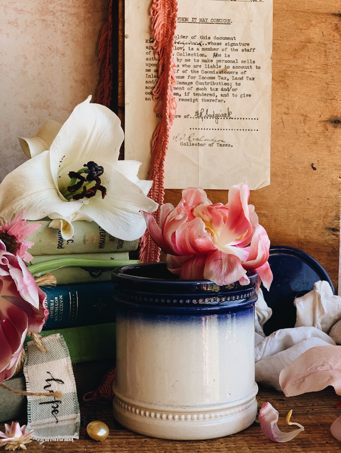 Vintage Blue & White Ceramic Storage Jar