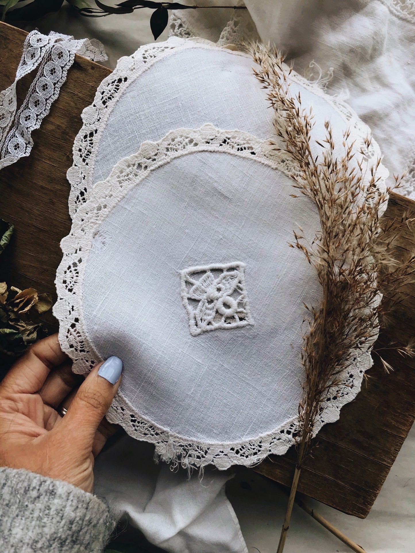 Two Vintage White Round Linens - Stone & Sage