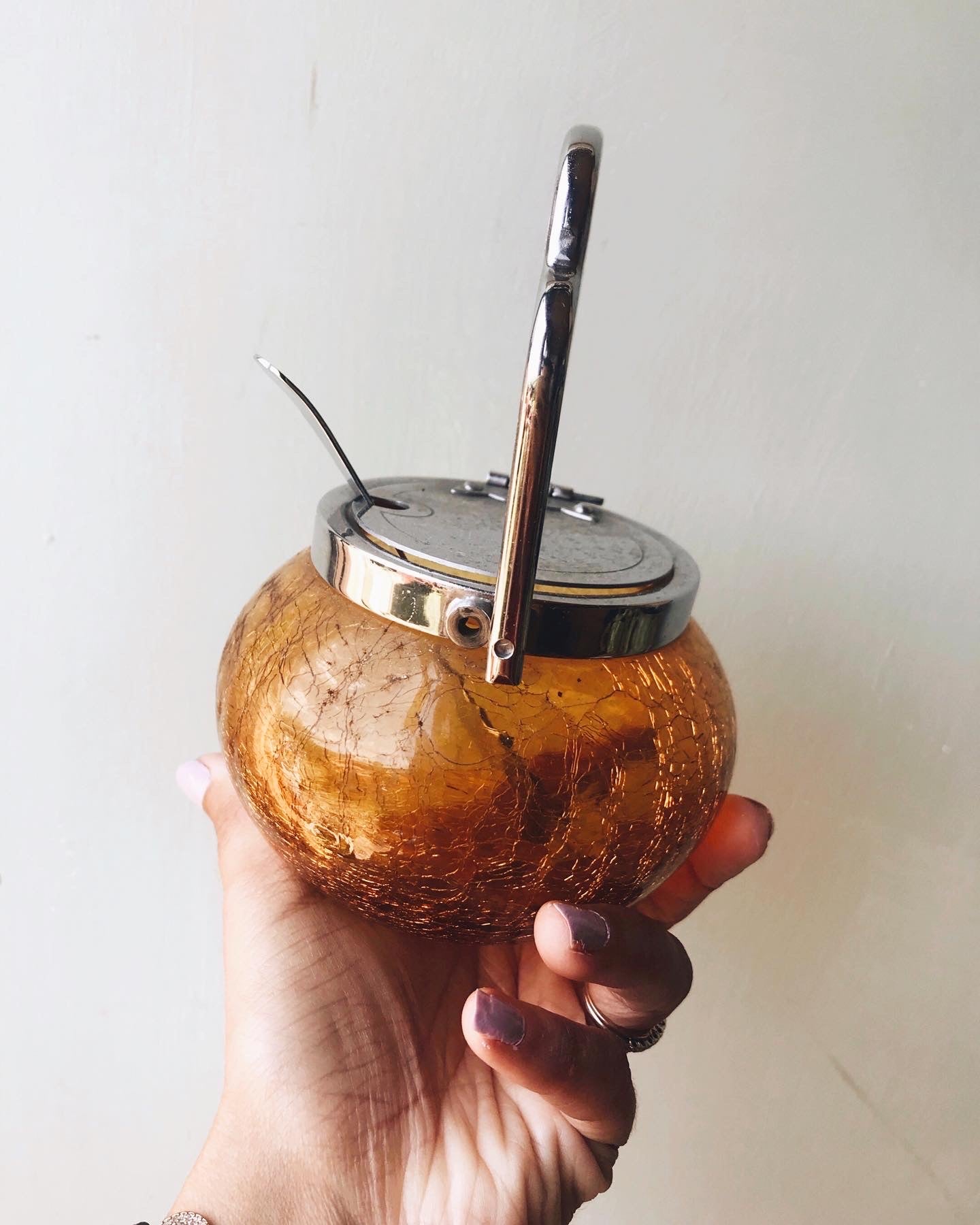 Yellow Crackle Glass Preserve Pot with Spoon