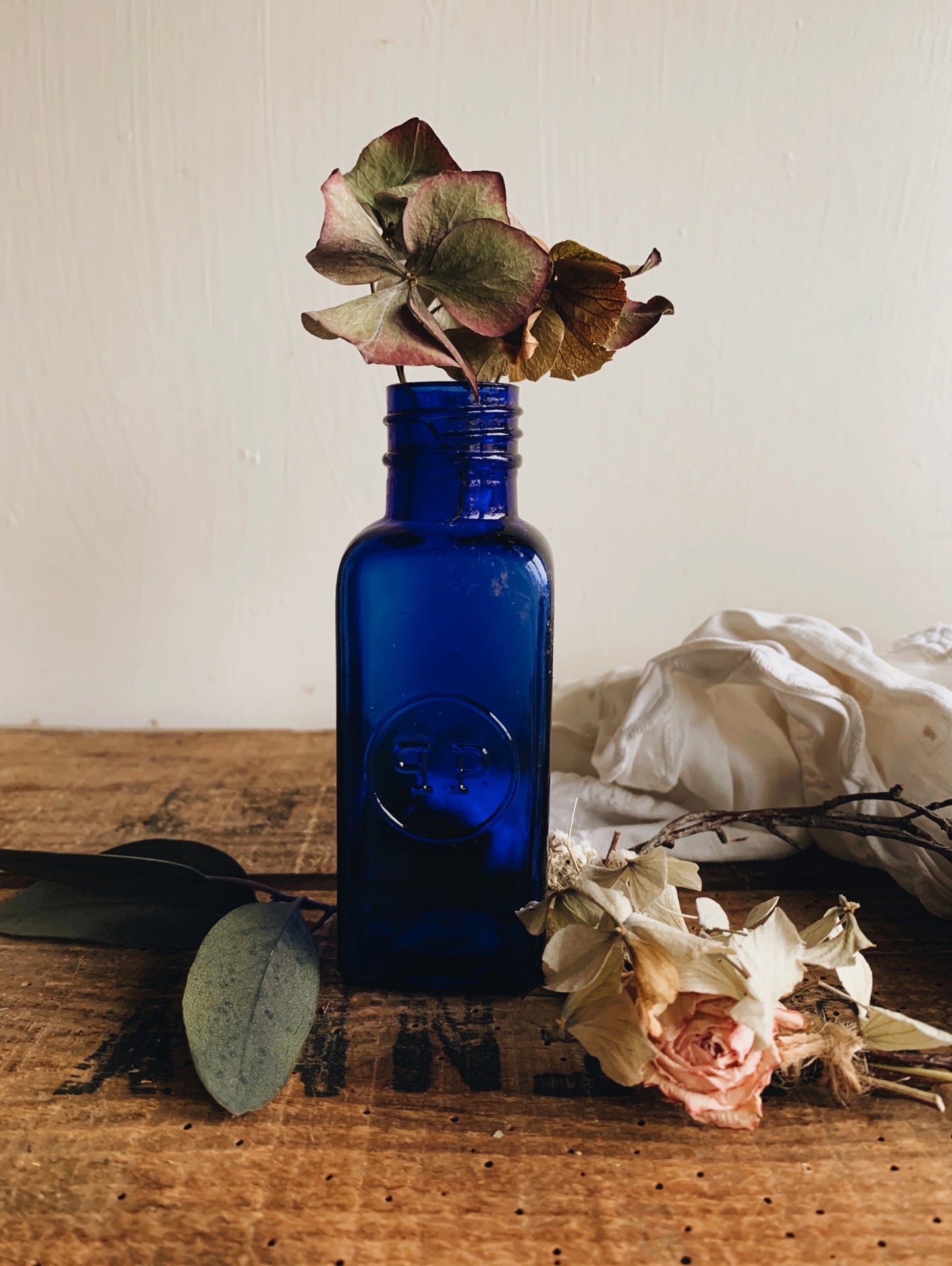 Vintage Monogramed Cobalt Blue Bottle (P)