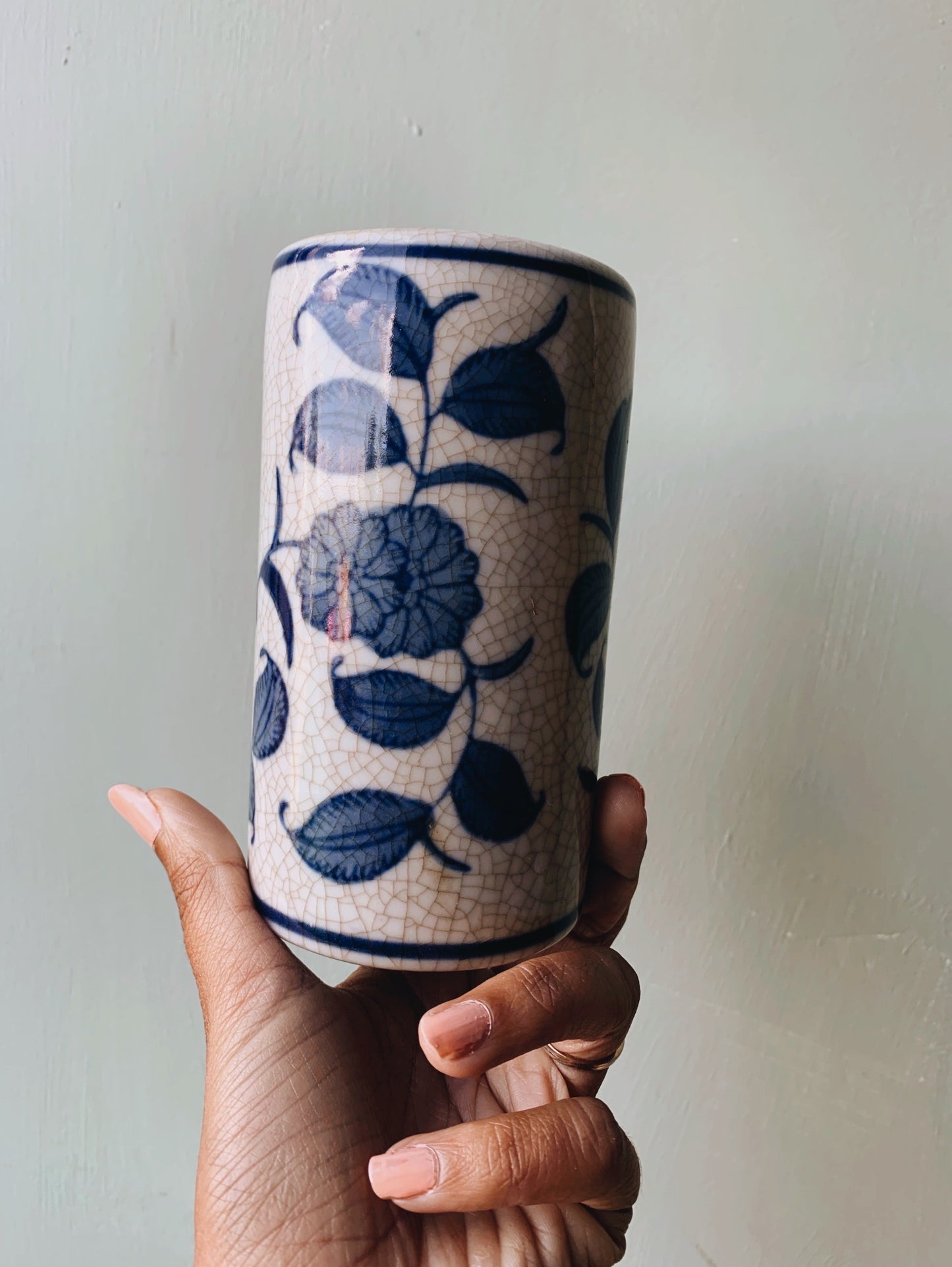 Vintage Blue Oriental Floral Vase