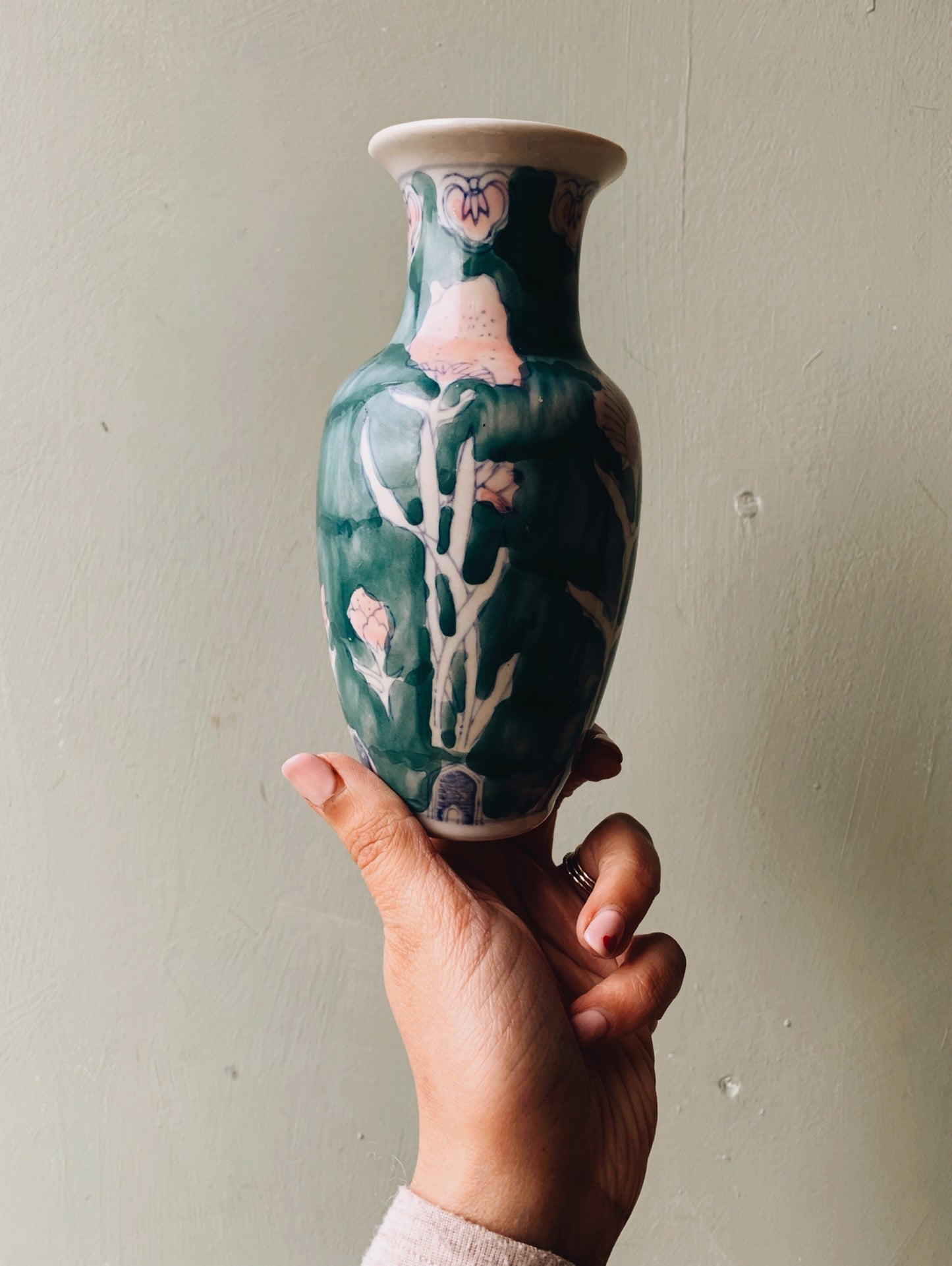 Vintage Green & Pink Floral Oriental Vase
