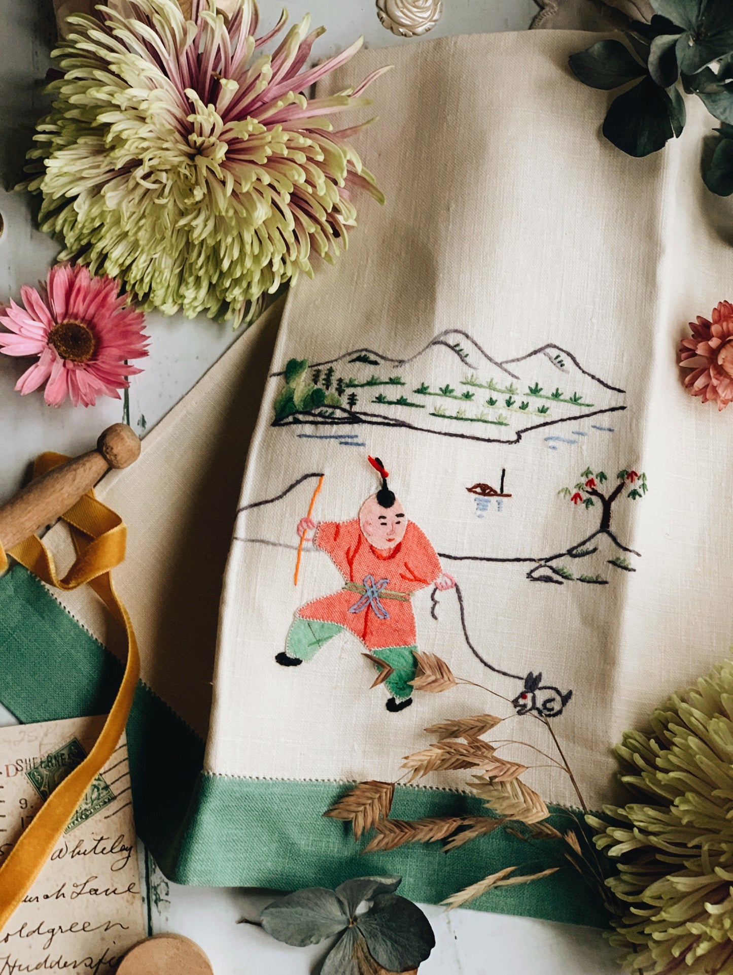 Vintage Oriental Narrative Hand~embroidered Linen