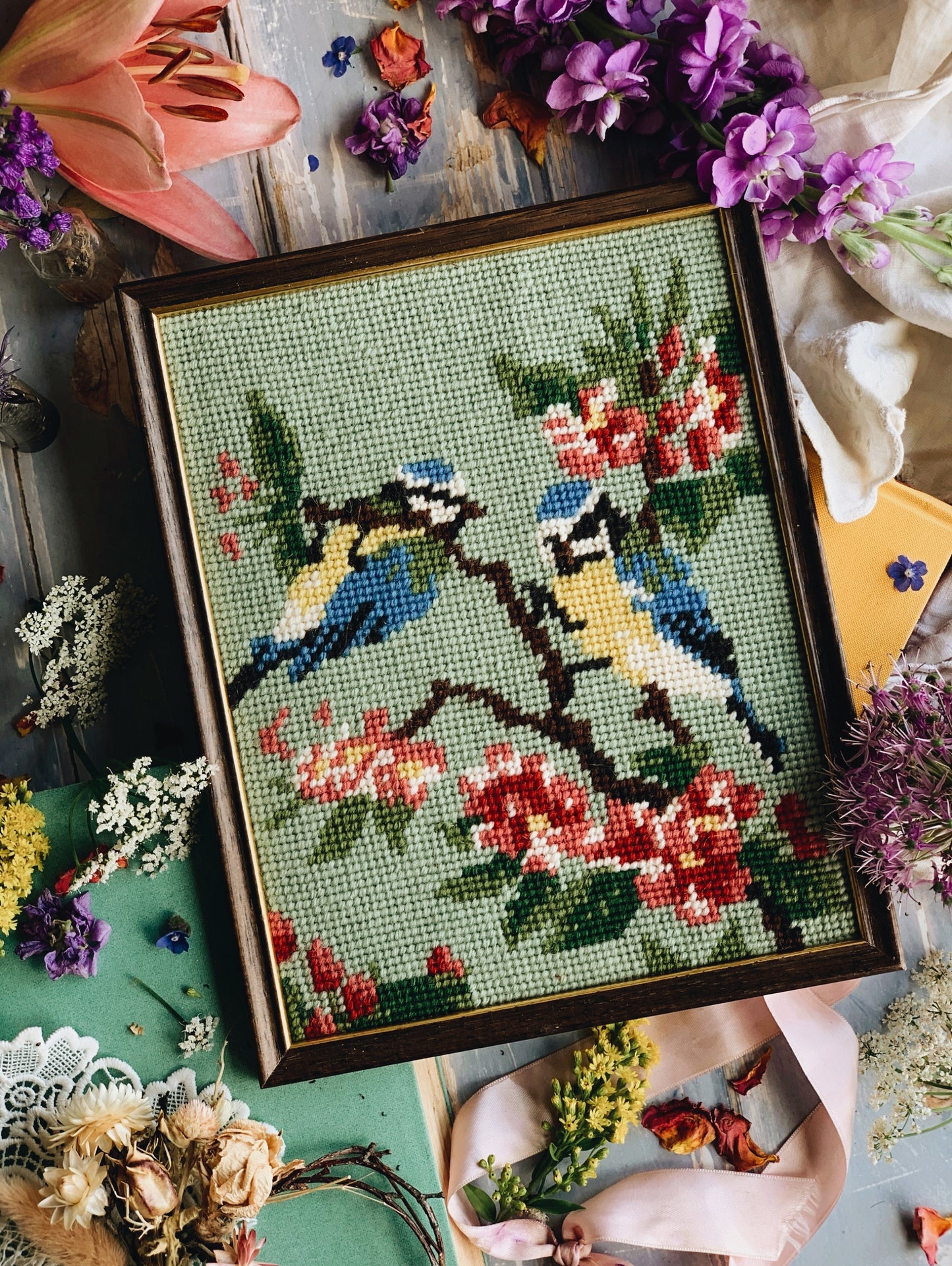 Vintage 1980’s Blue Tit Hand~embroidery Artwork