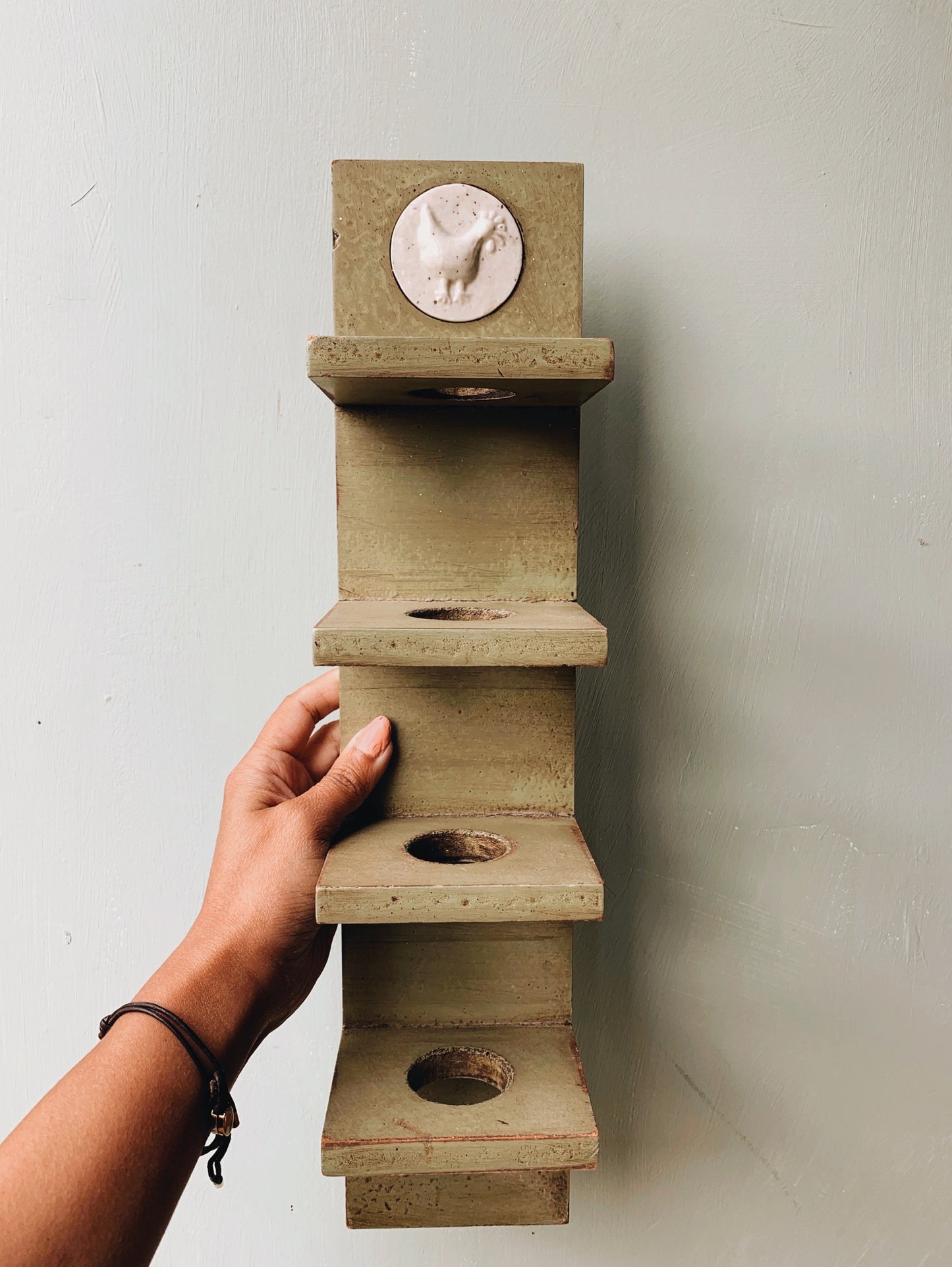 Rustic Green Ceramic Wooden Egg Holder