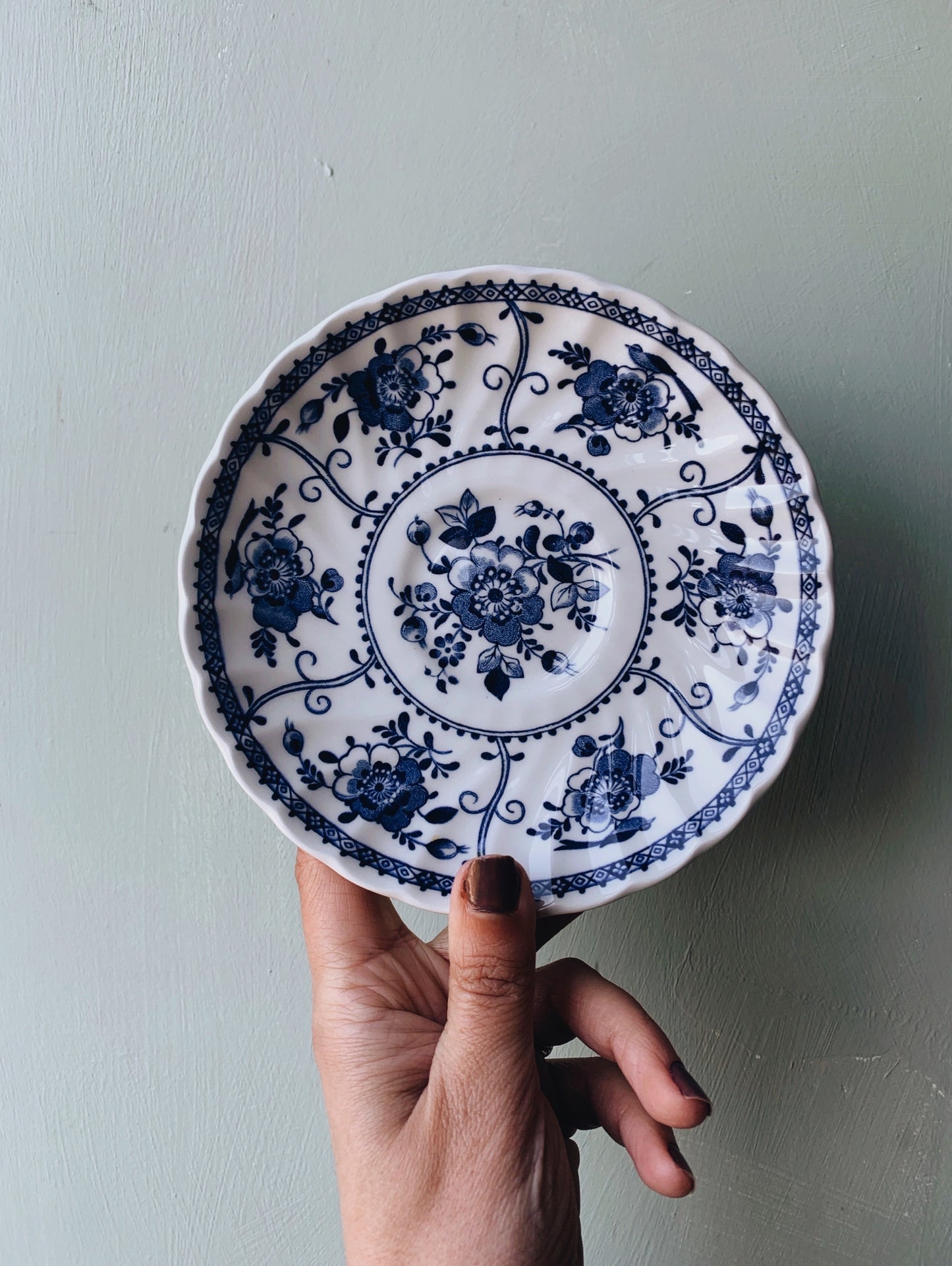 Vintage Blue Scalloped Bird & Blooms Cup and Saucer Set (two sets available)