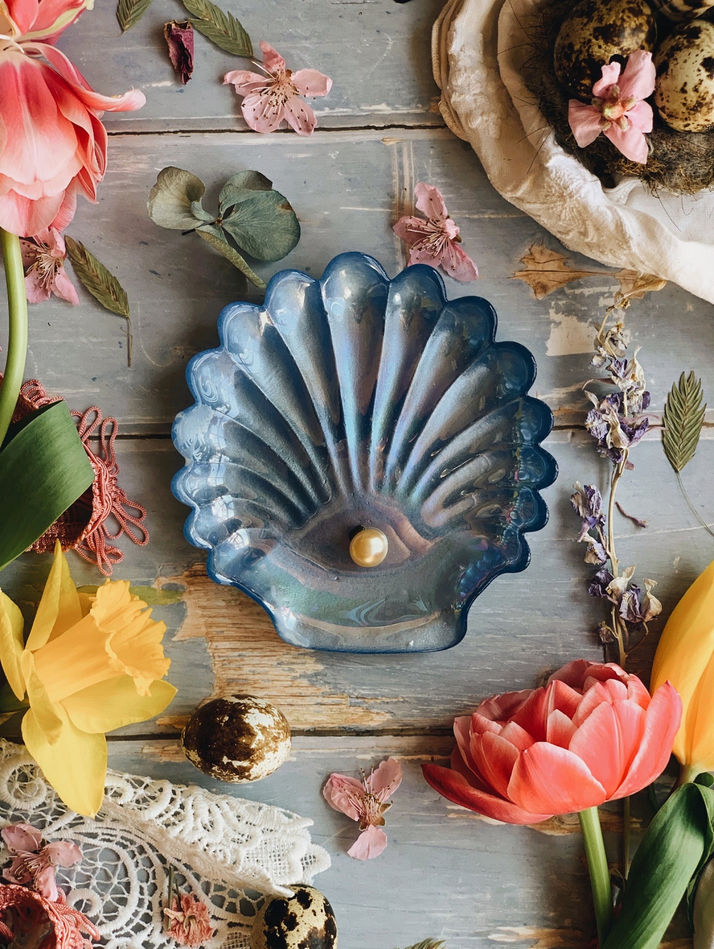 Blue Shell Glass Trinket Dish