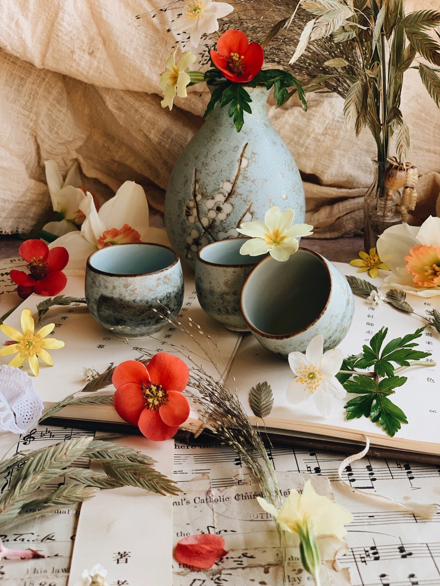 Rustic Hand~painted Rice Wine Oriental Pitcher and Cup Set