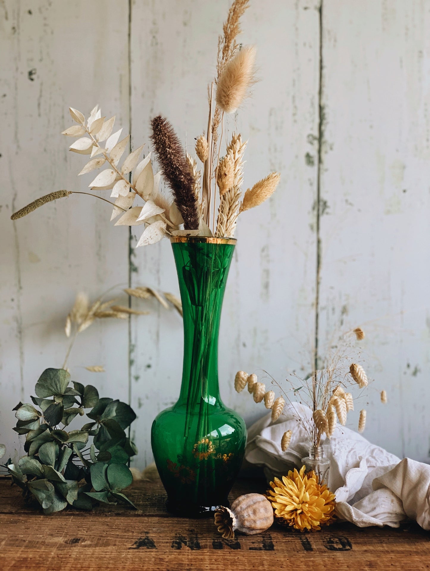 Vintage Mid-century Green with Gilt Floral Detailing Glass Vase
