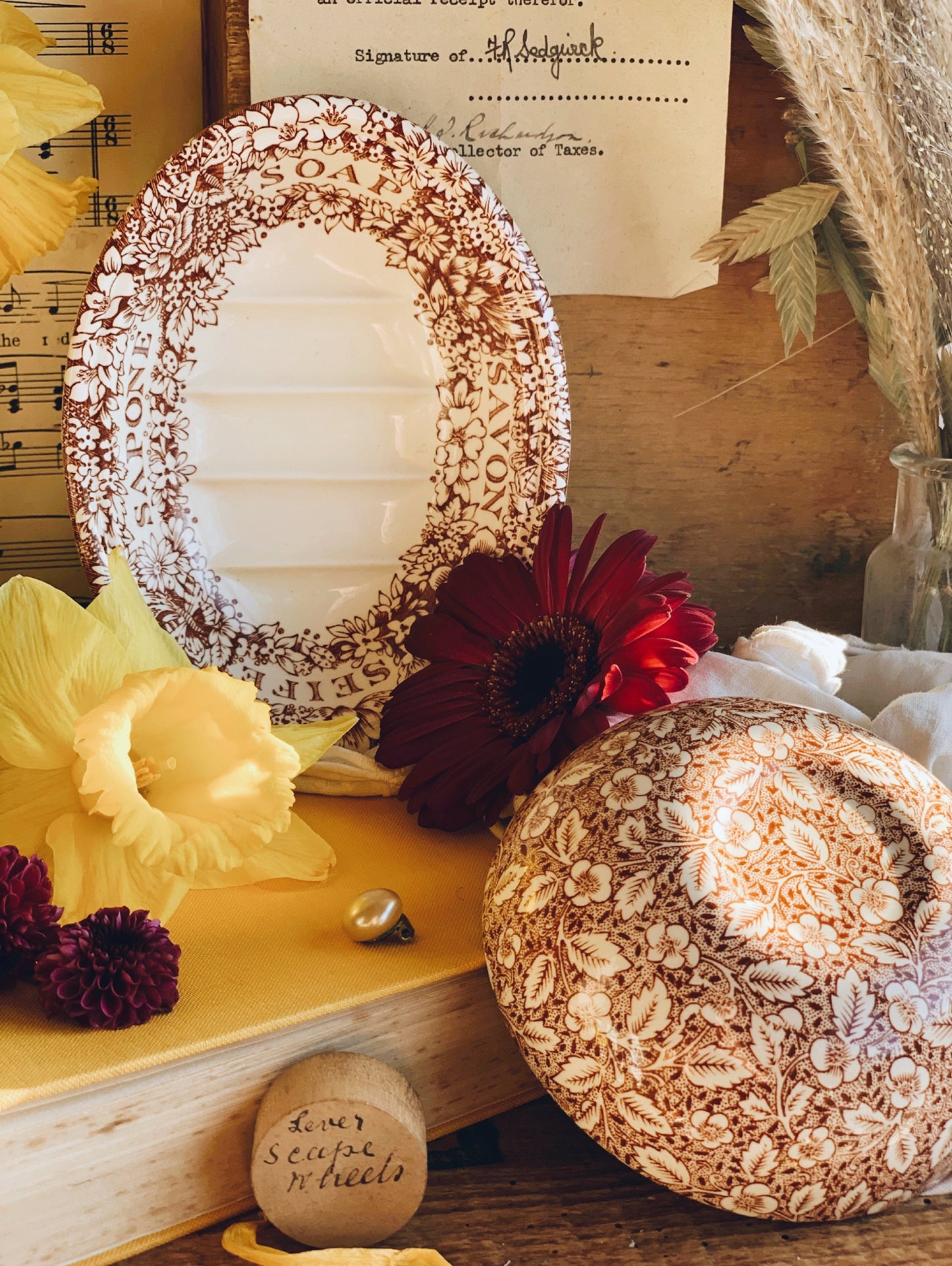 Vintage Masons Burnt Orange Paisley Floral Soap Dish & Bowl