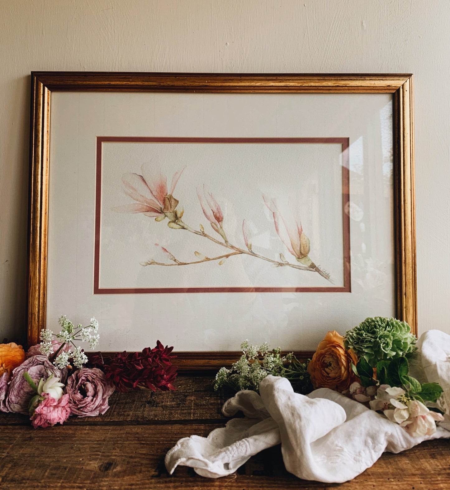 Vintage Signed Watercolour Painting ~ magnolia (UK SHIPPING ONLY)
