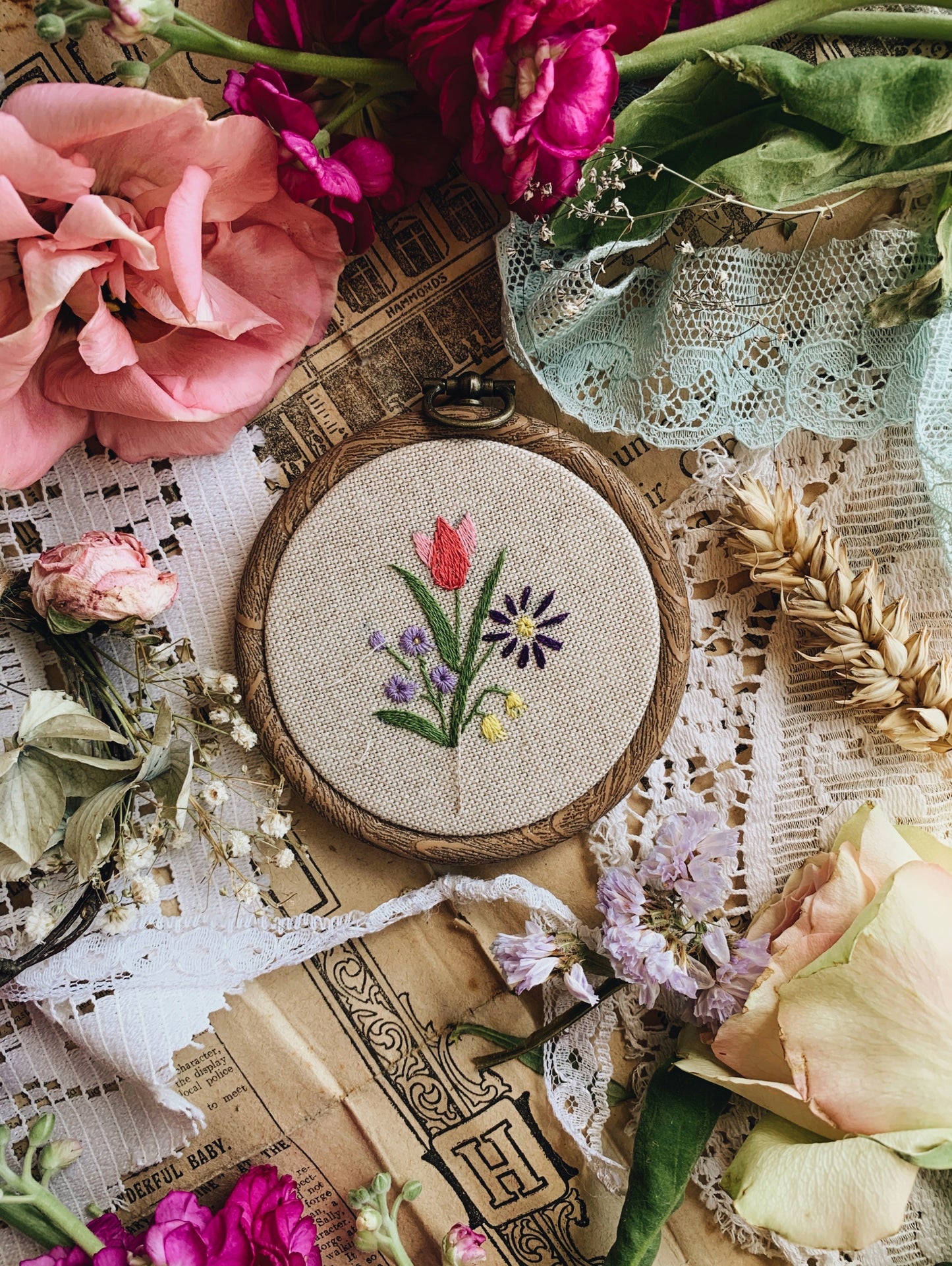 Vintage Floral Embroidery Hoop / Hanging
