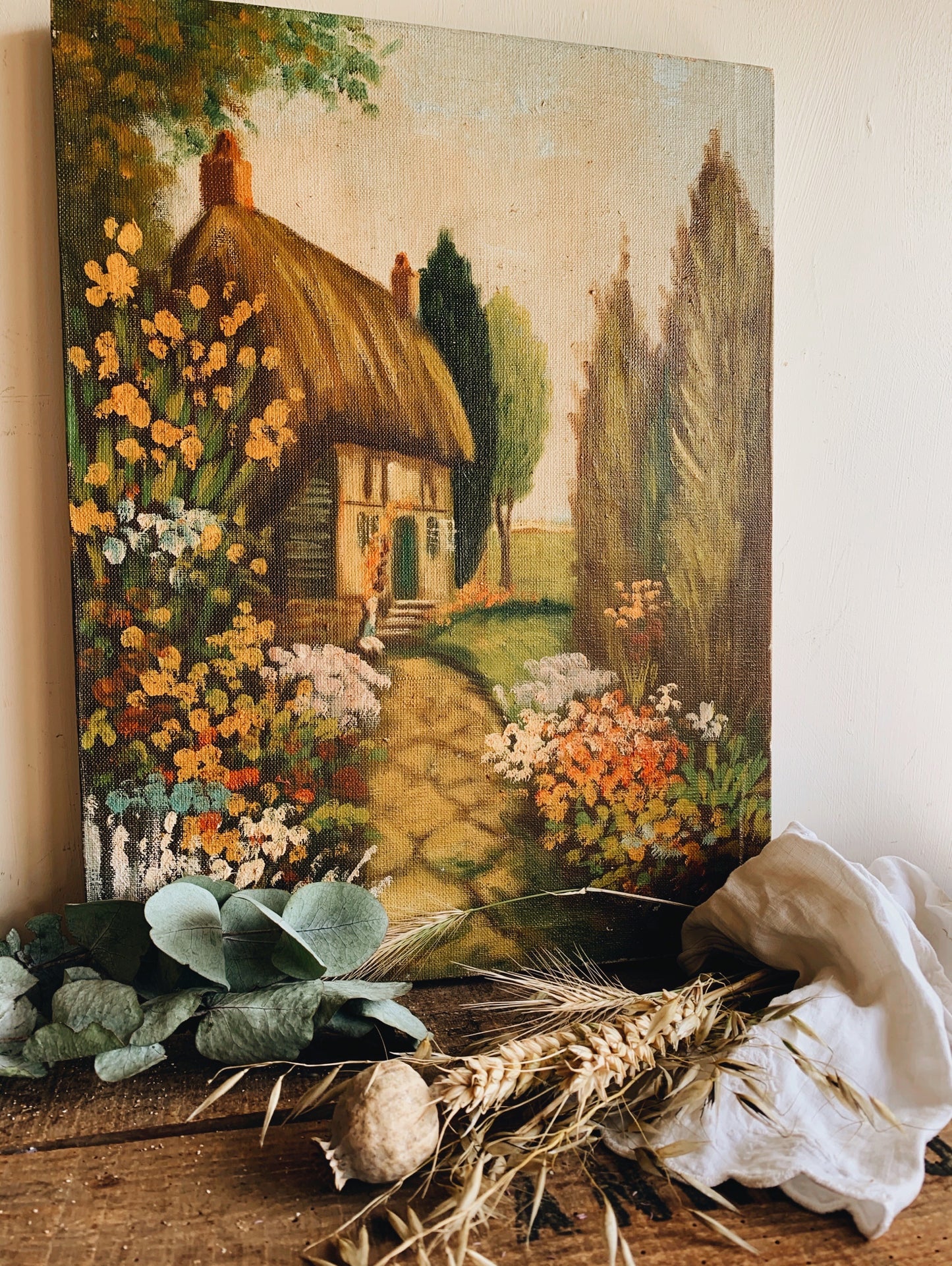 Vintage 1970’s Cottage Oil Painting on Canvas