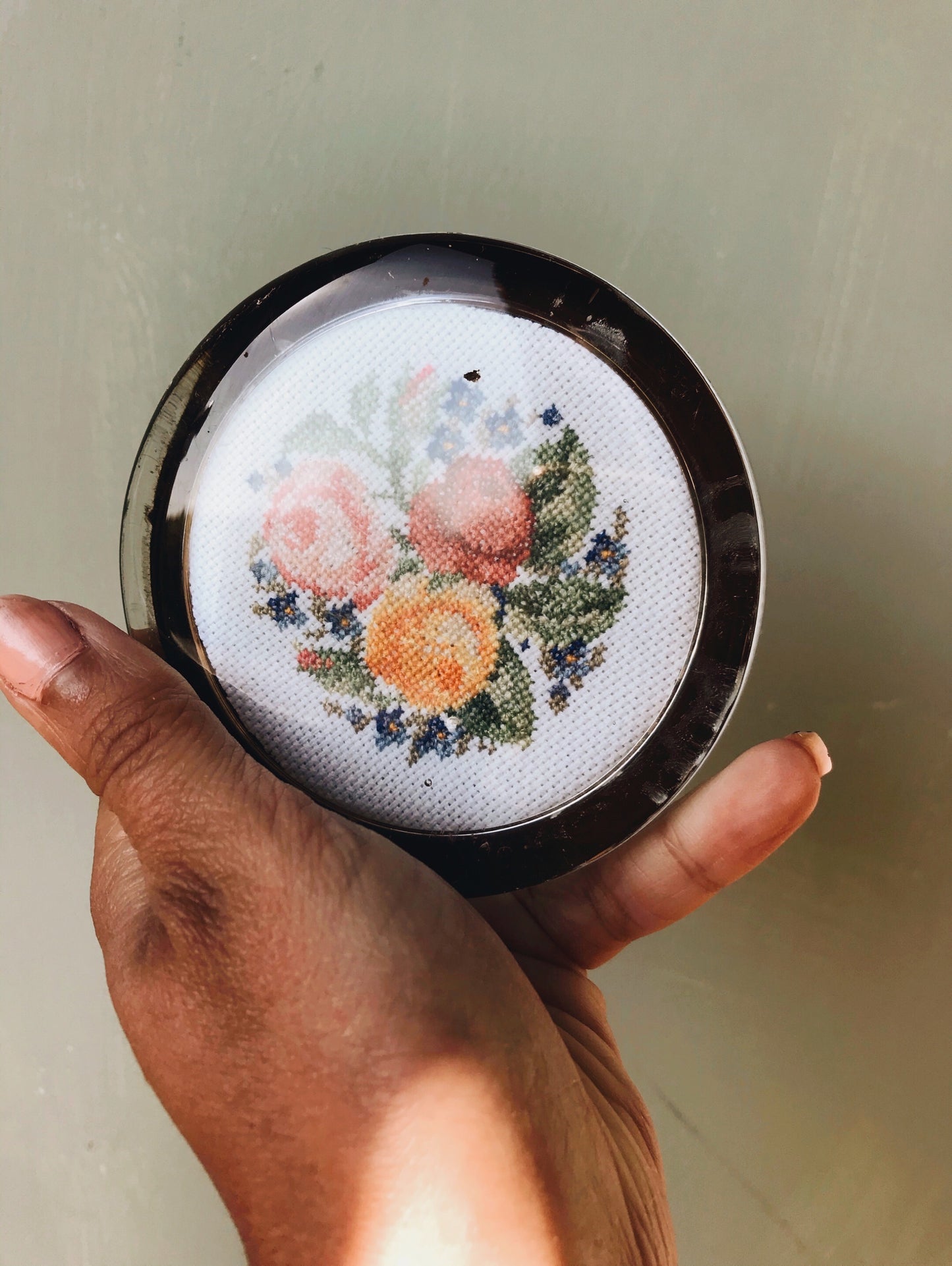 Vintage Floral Embroidery Glass Paperweight - Stone & Sage
