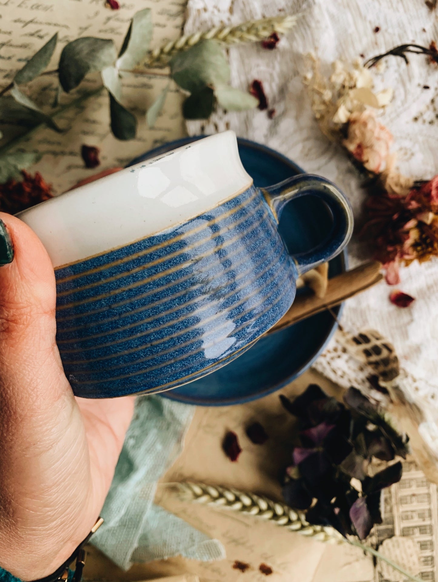 Rustic Ceramic Blue & White Cup and Saucer