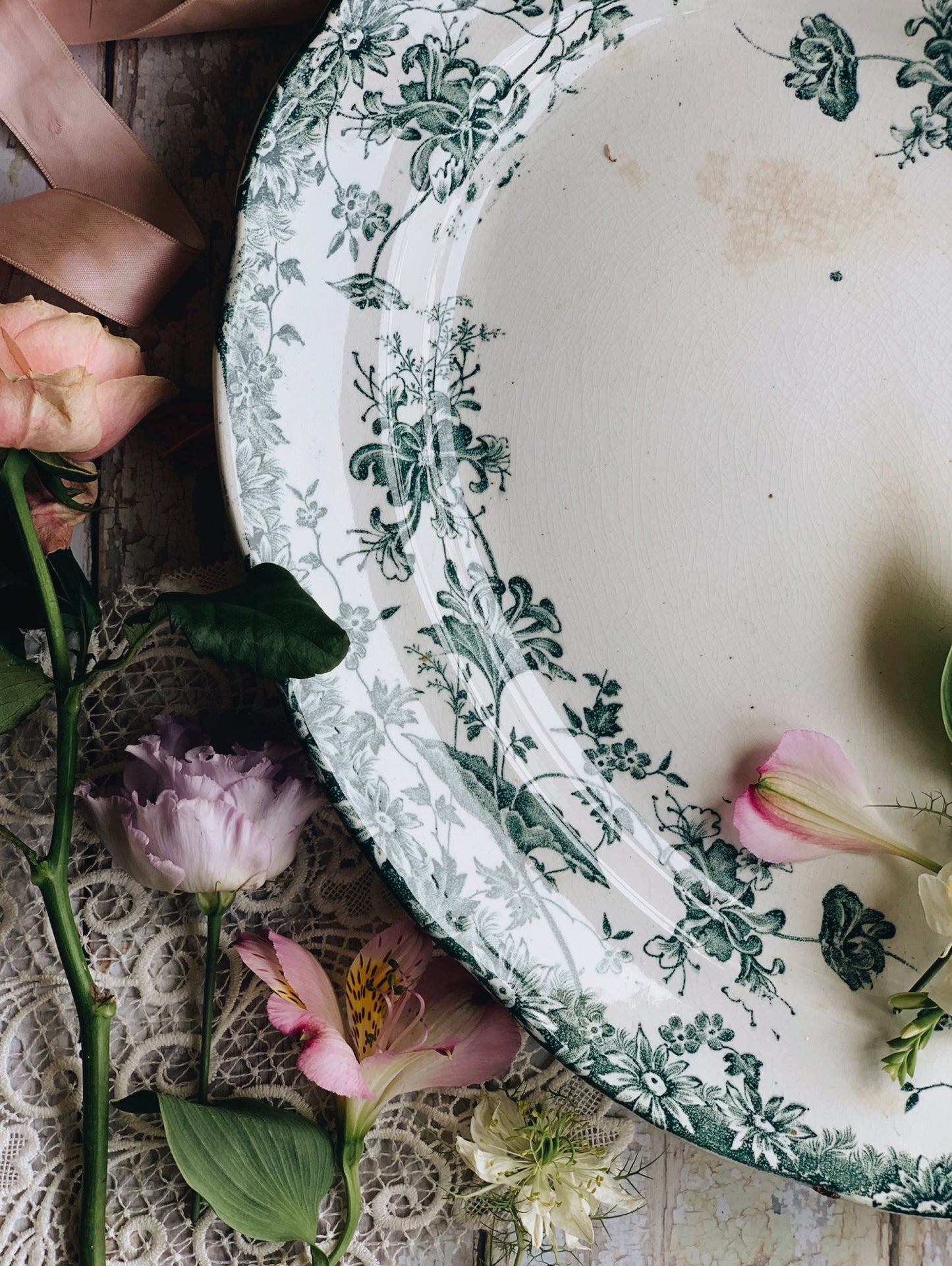 Antique Large Teal Transfer Victorian Platter