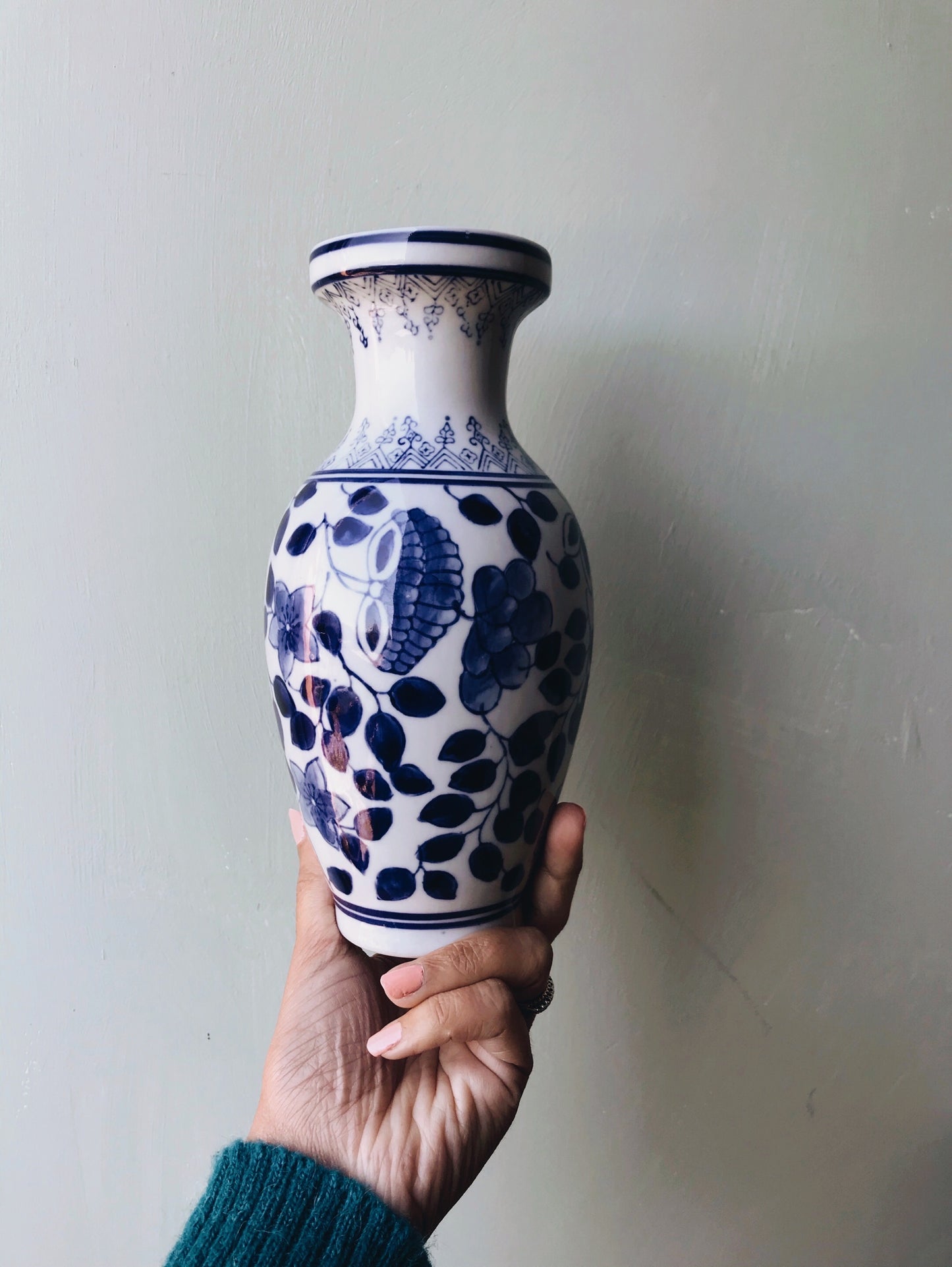 Vintage Blue & White Floral White Vase - Stone & Sage