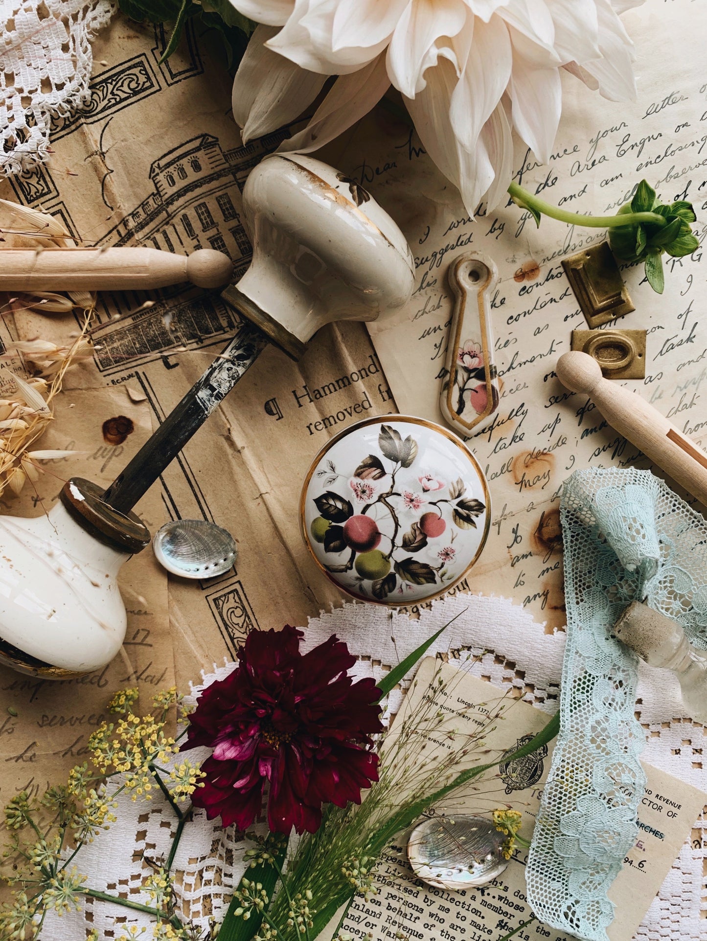 Two Vintage Floral Ceramic Door Handles