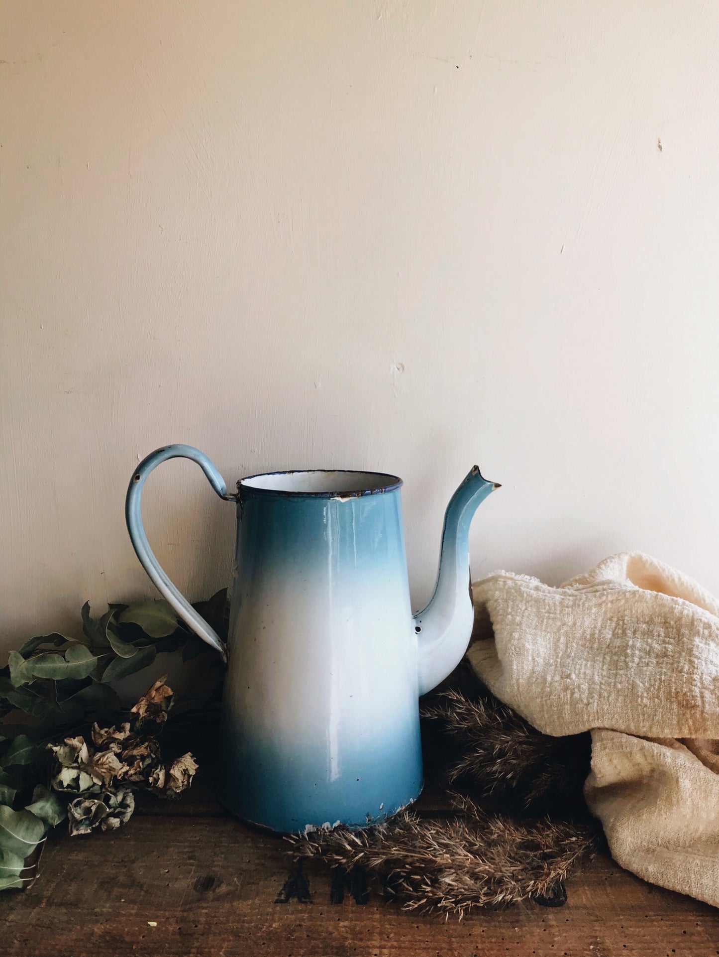 Vintage Rustic Blue French Coffee Pot - Stone & Sage
