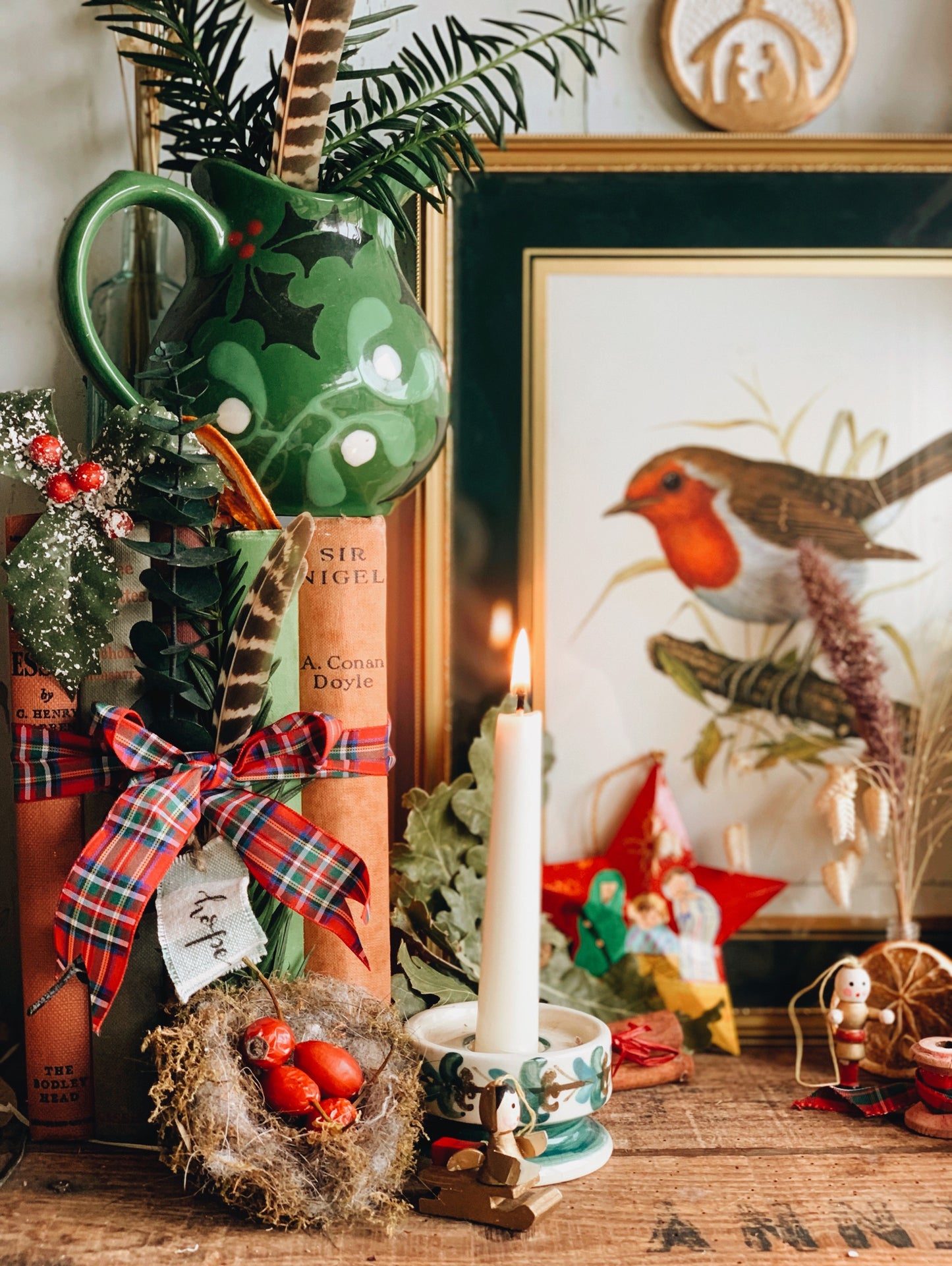 Hand~painted Mistletoe, Holly & Berries Jug
